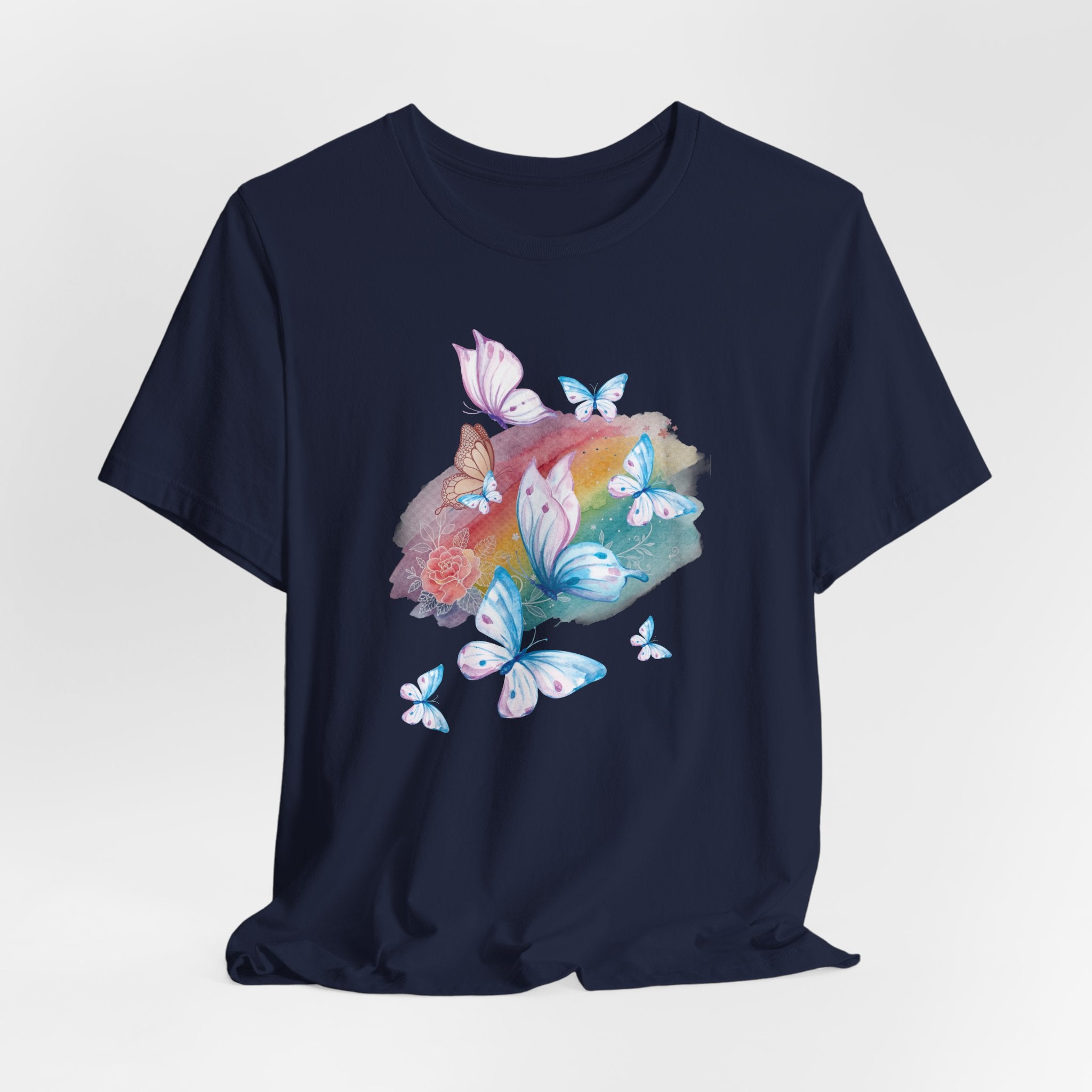Navy blue t-shirt with colorful butterfly and flower design on a white background