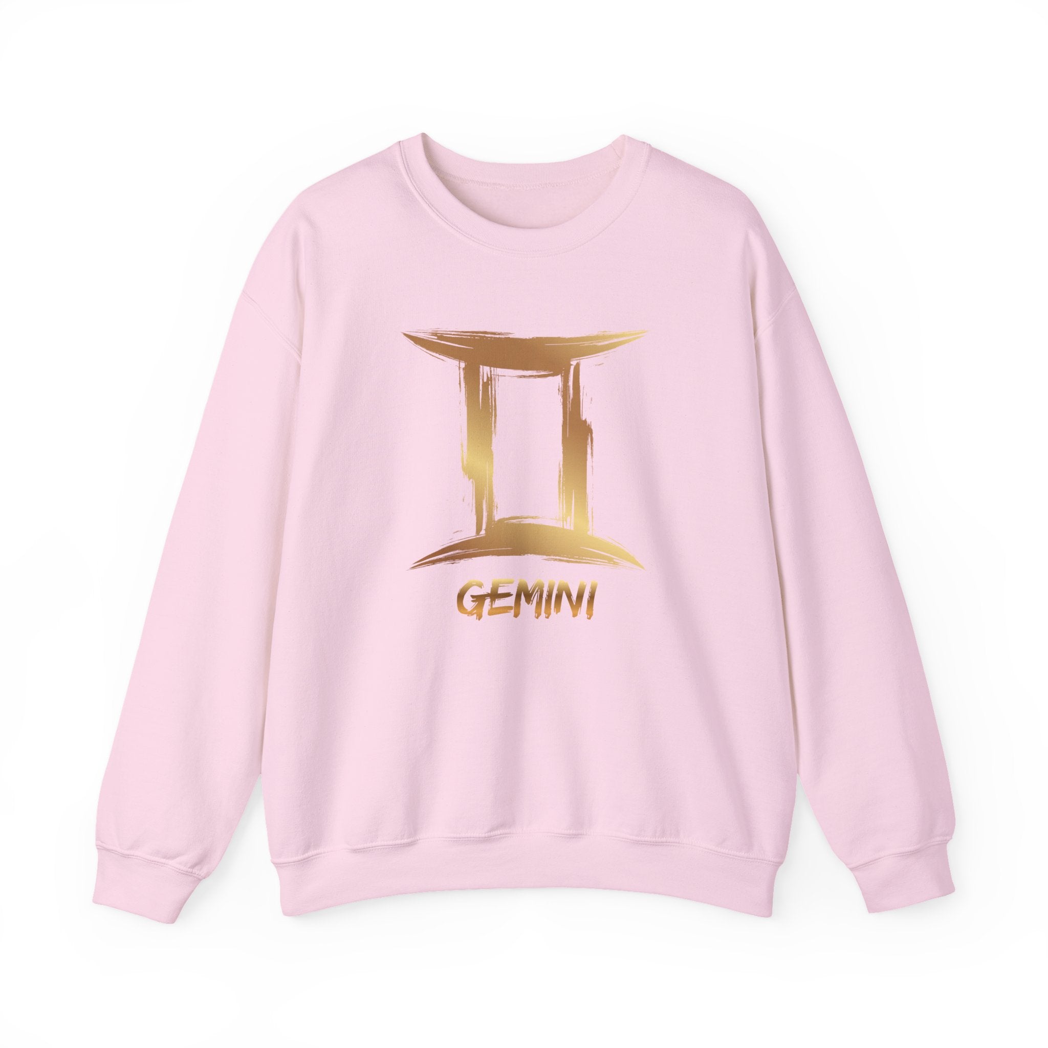 Pink sweatshirt with gold Gemini logo on a white background