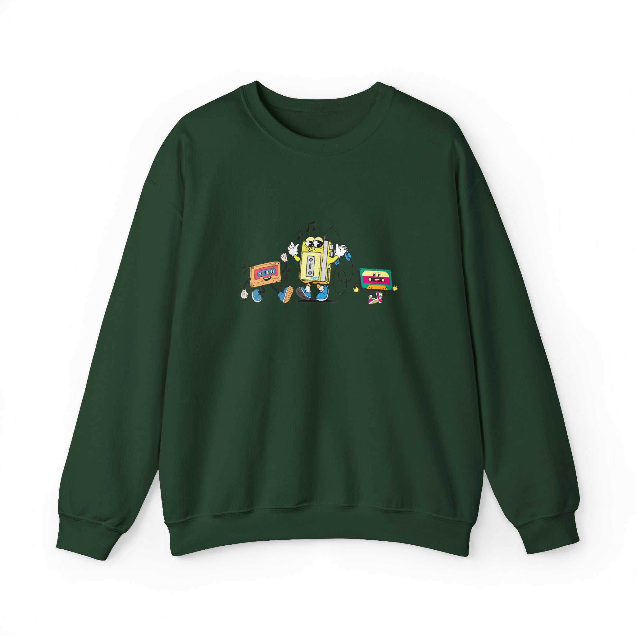 Green sweatshirt with a colorful graphic on a white background