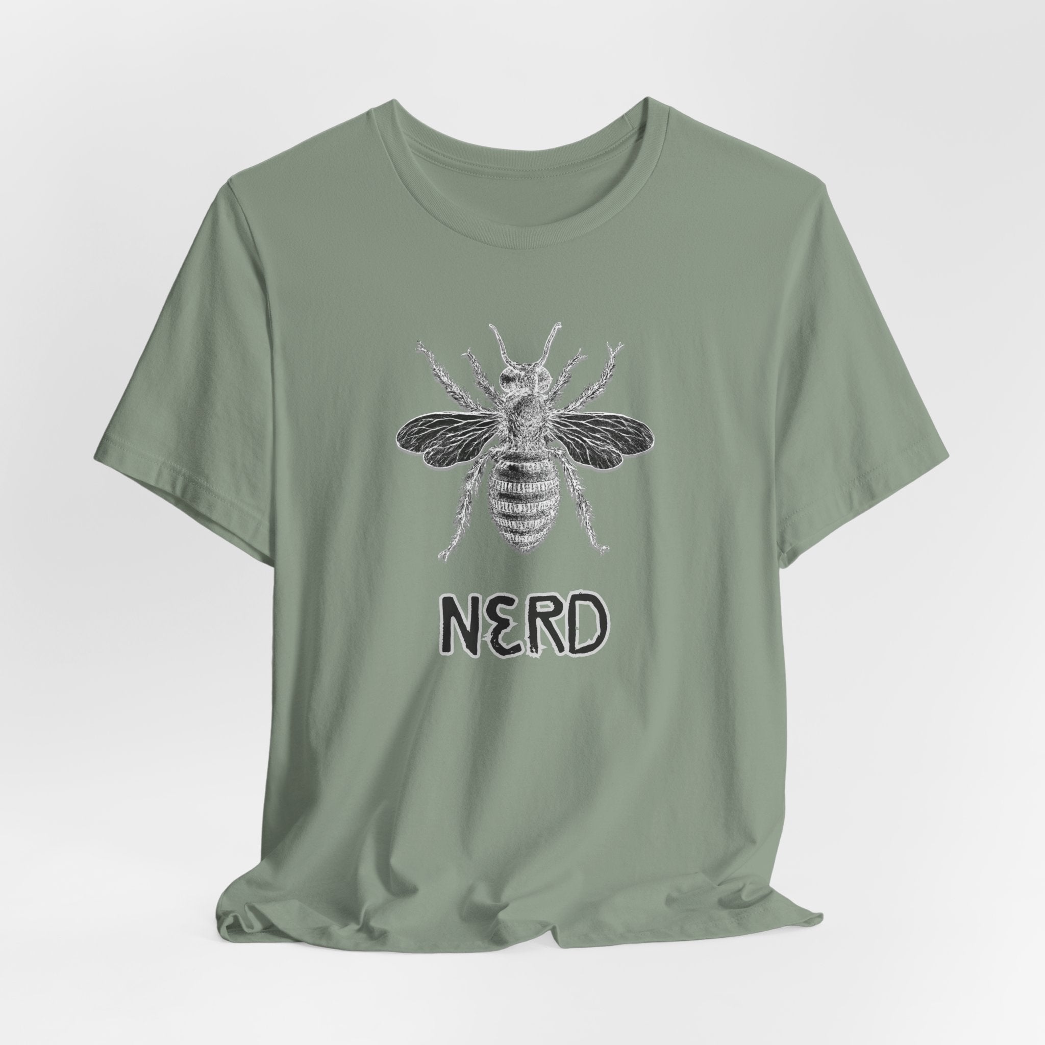 Green t-shirt with bee graphic and "NERD" text print on a white background
