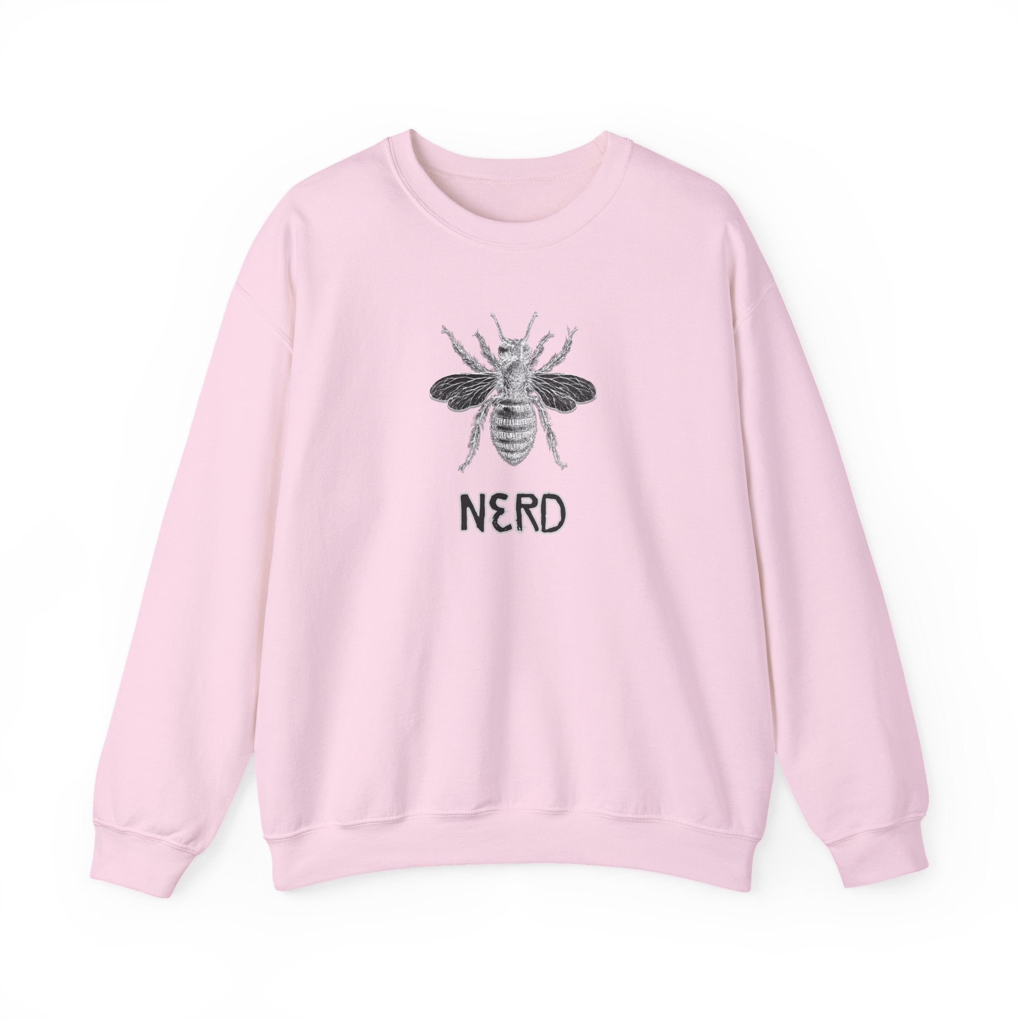 Pink sweatshirt with bee graphic and 'NERD' text on a white background