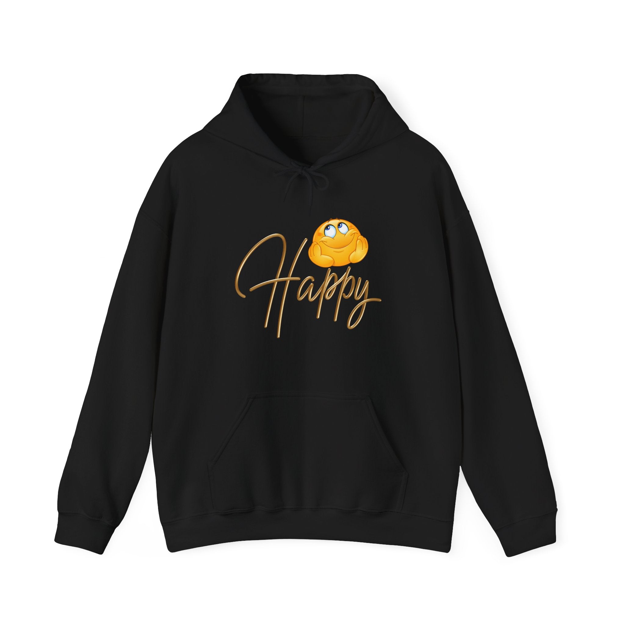 Black hoodie with a yellow smiley face and 'Happy' text on a white background