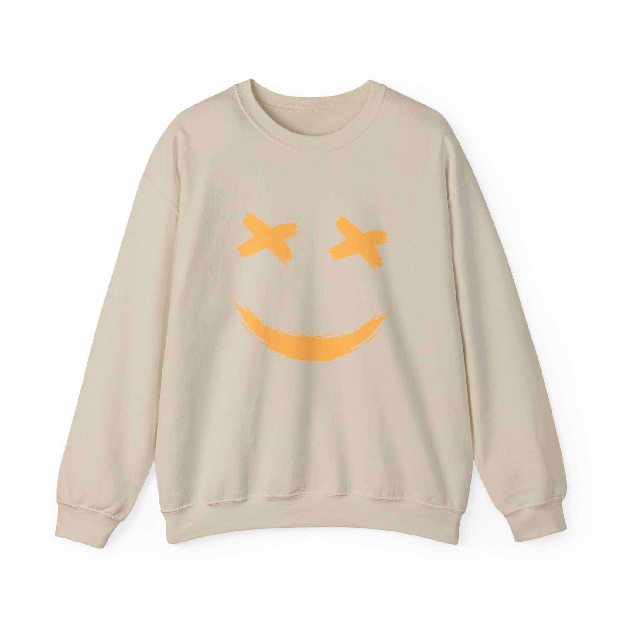 Beige sweatshirt with a smiley face design on a white background