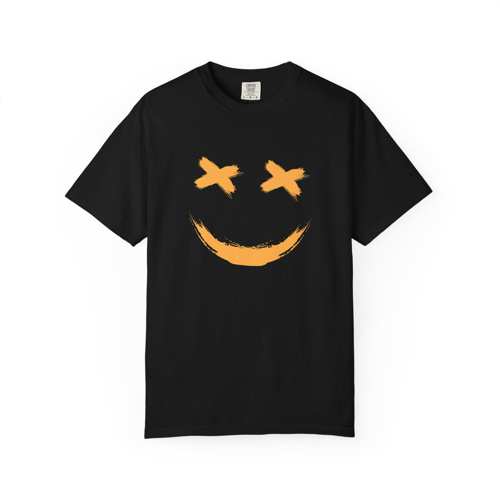 Black t-shirt with a smiley logo on the chest against a white background