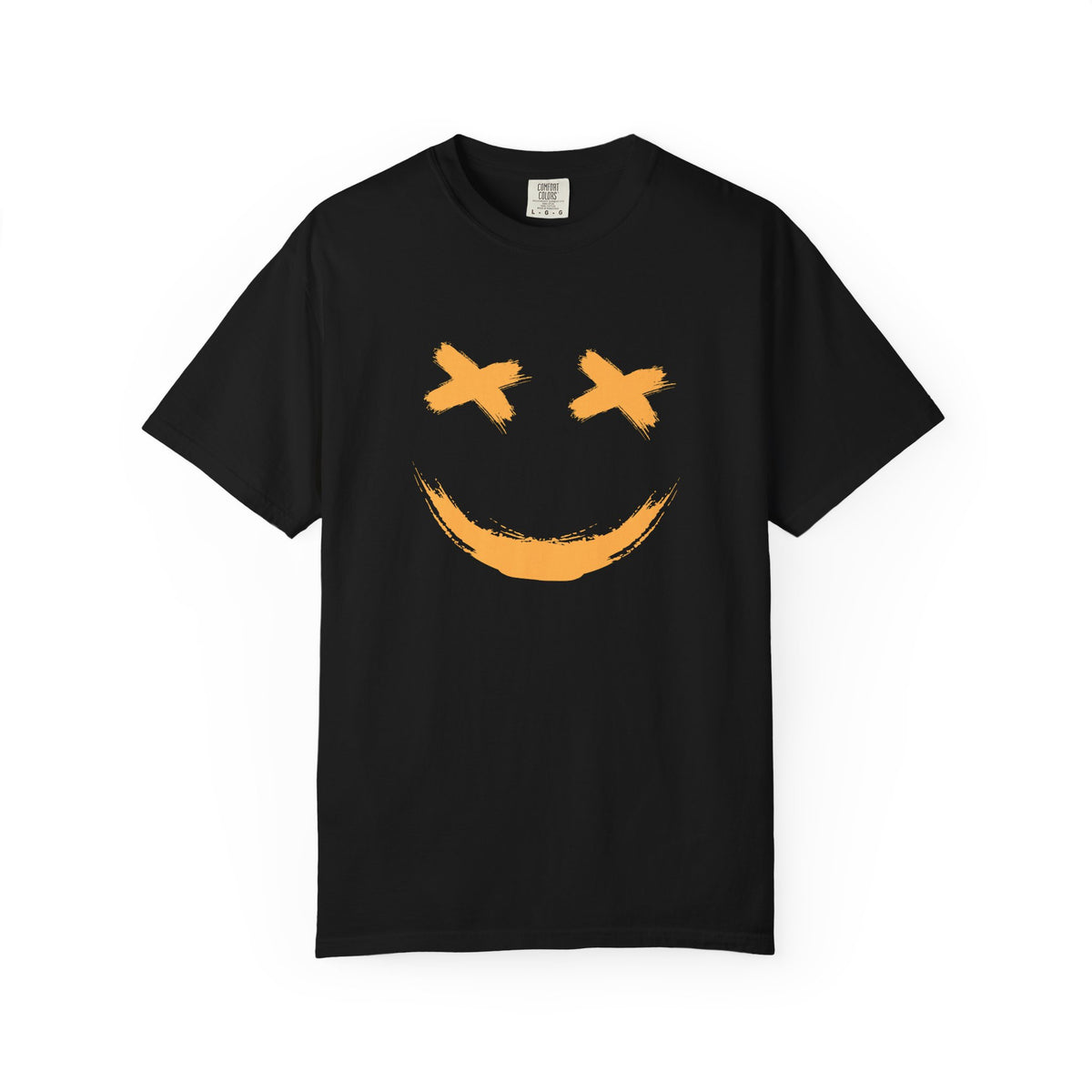 Black t-shirt with a smiley logo on the chest against a white background