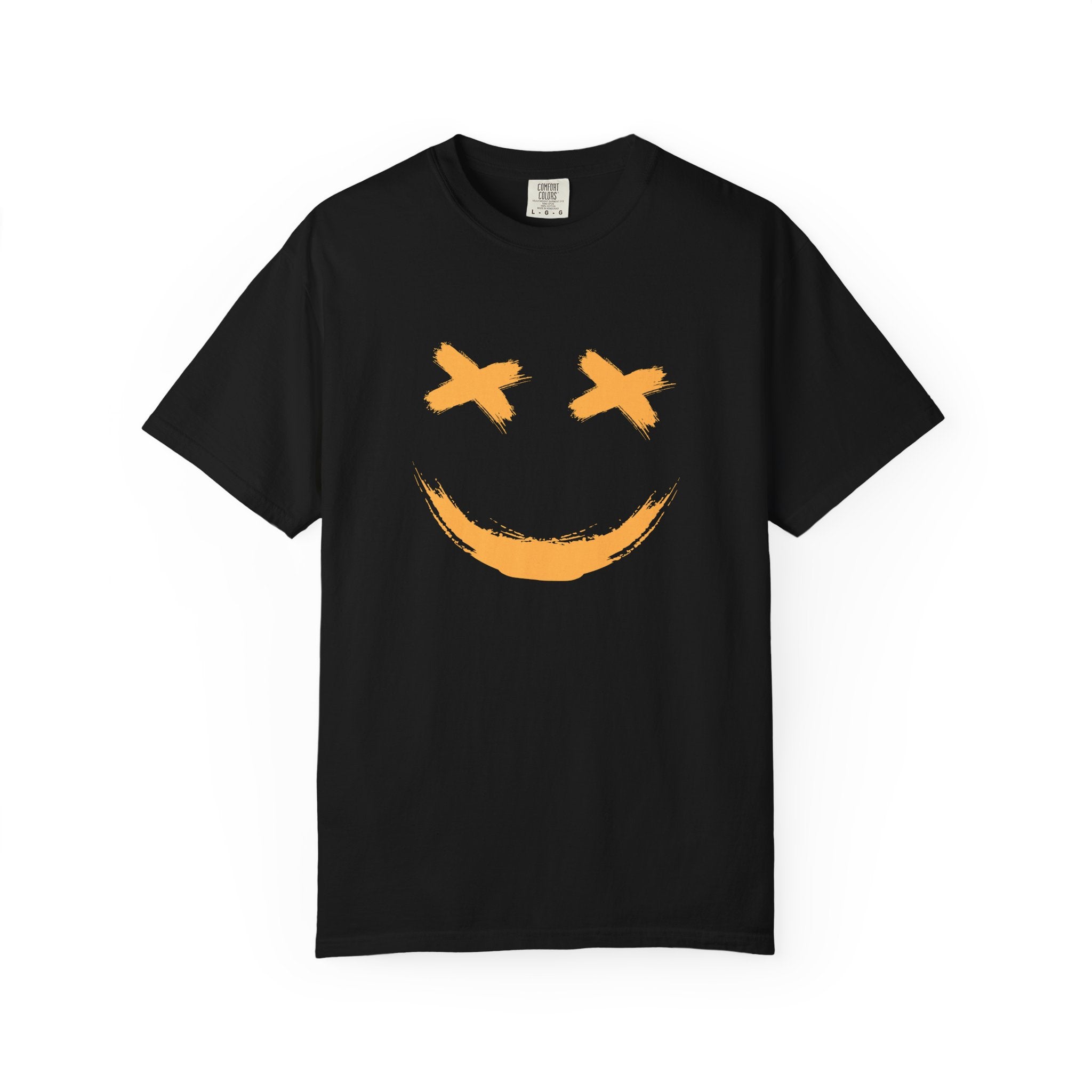 Black t-shirt with a smiley logo on the chest against a white background