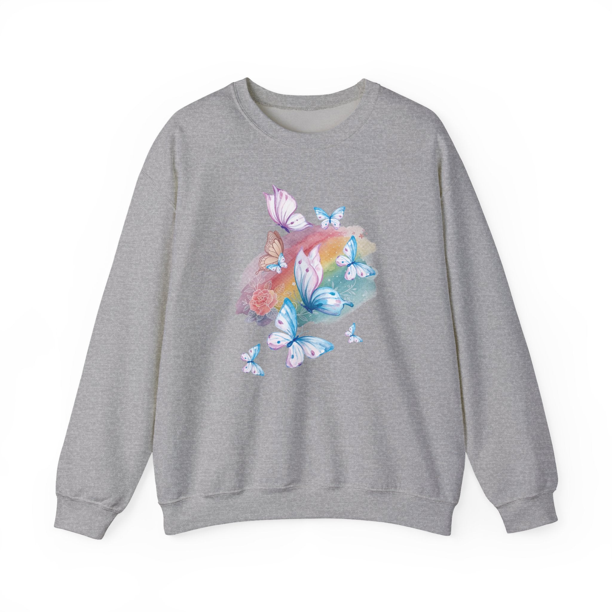 Gray sweatshirt with colorful butterfly design on a white background