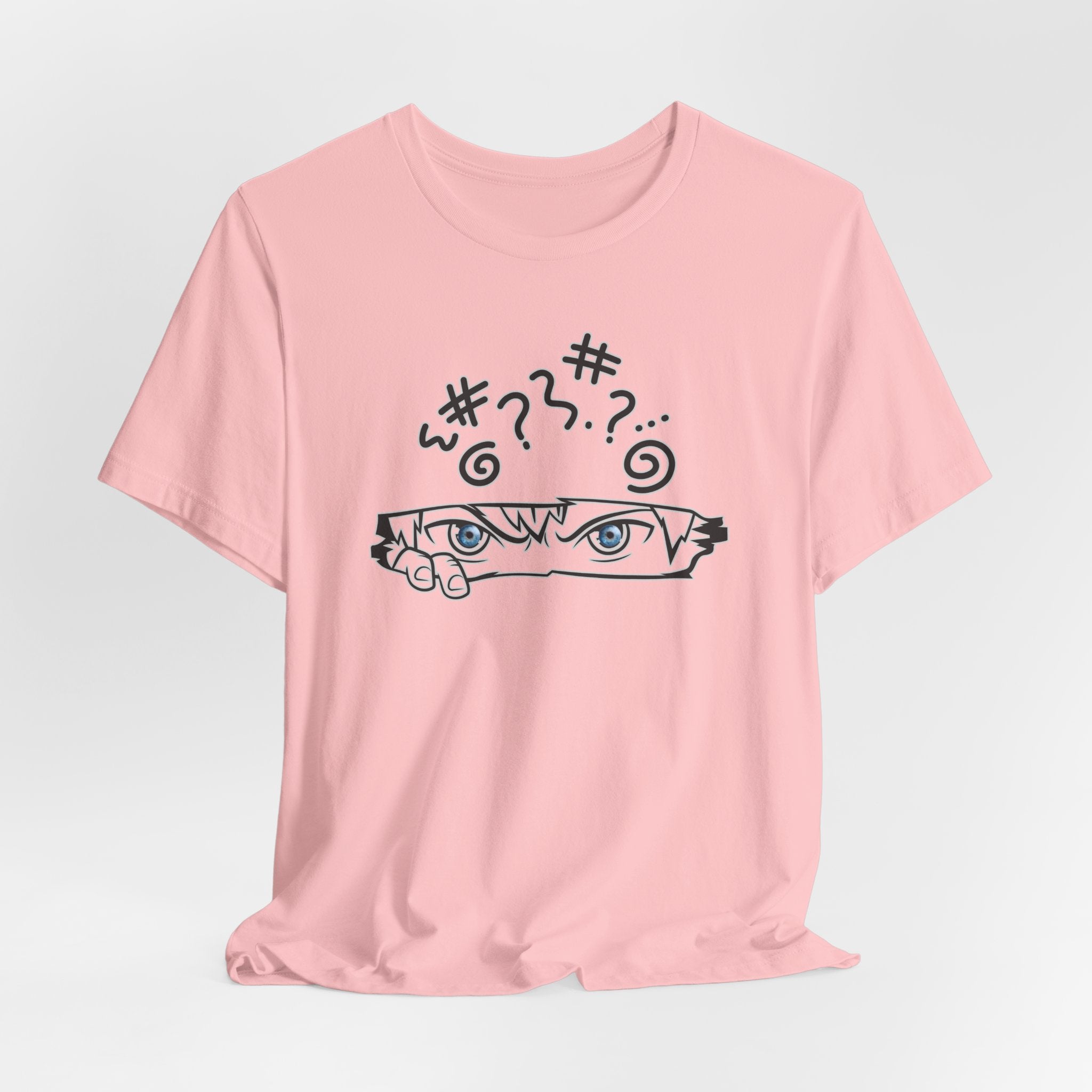 Pink t-shirt with a graphic design on a light gray background