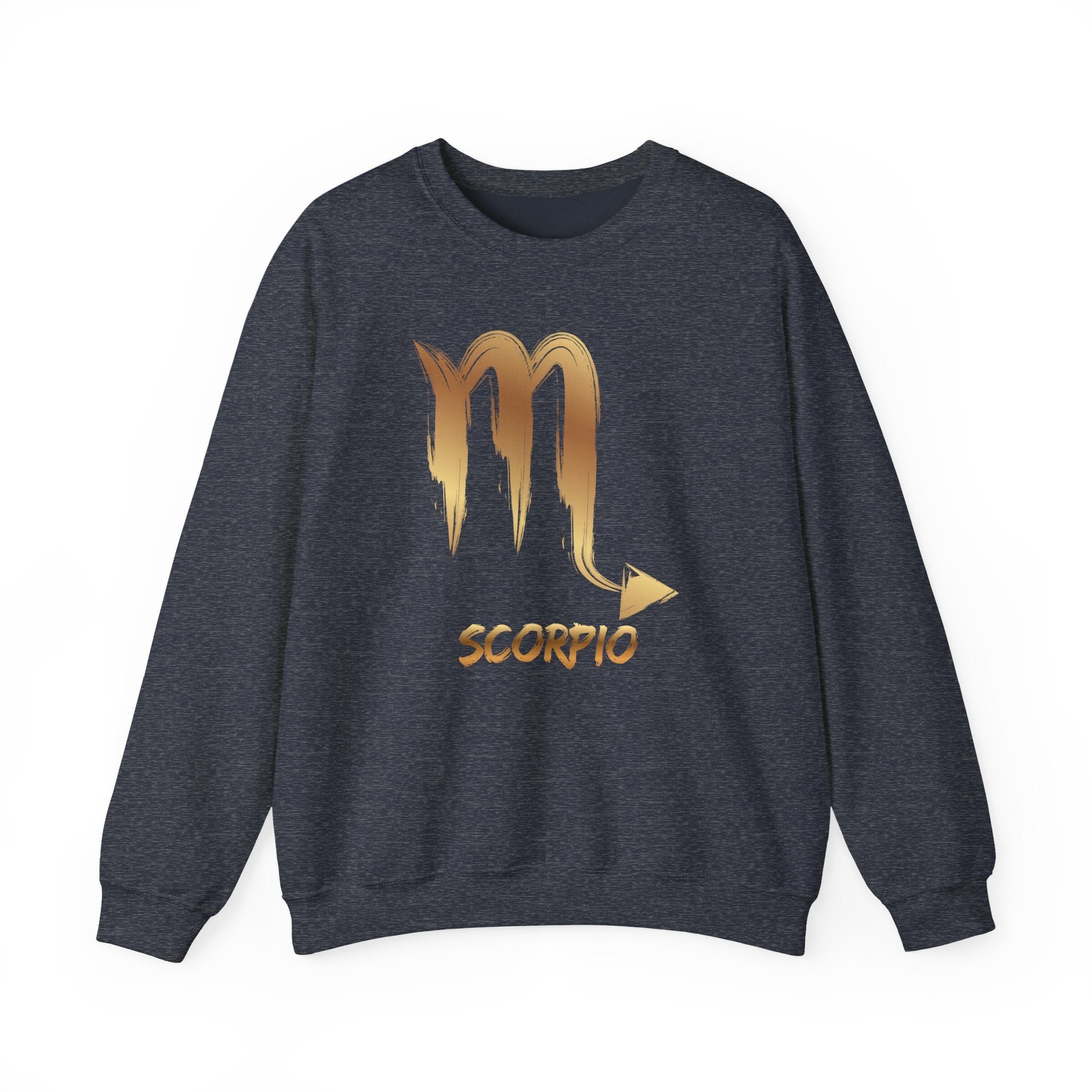 Dark navy sweatshirt with gold Scorpio zodiac symbol on a white background