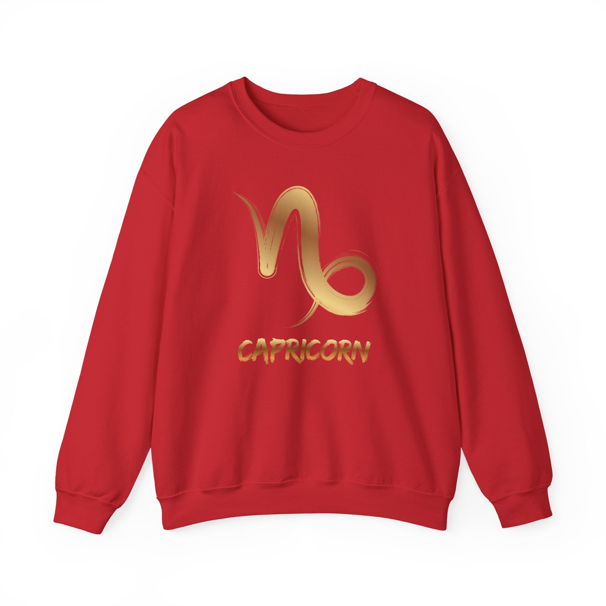 Red sweatshirt with gold Capricorn symbol and text on a white background