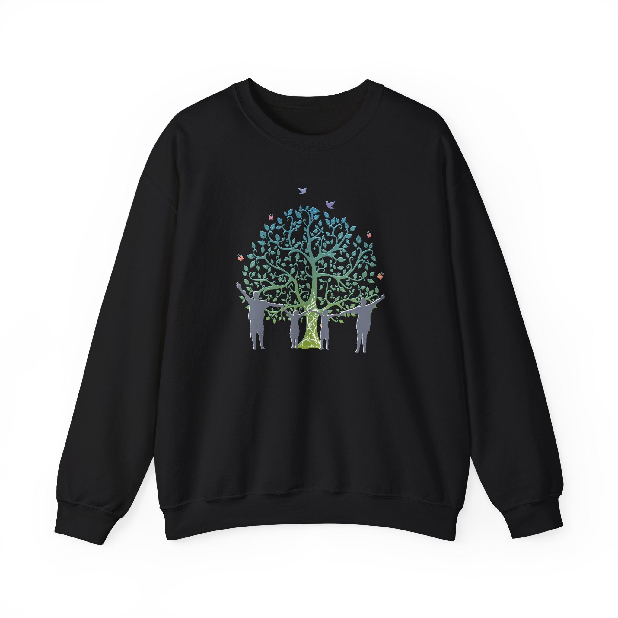 Black sweatshirt with a tree and people design on a white background