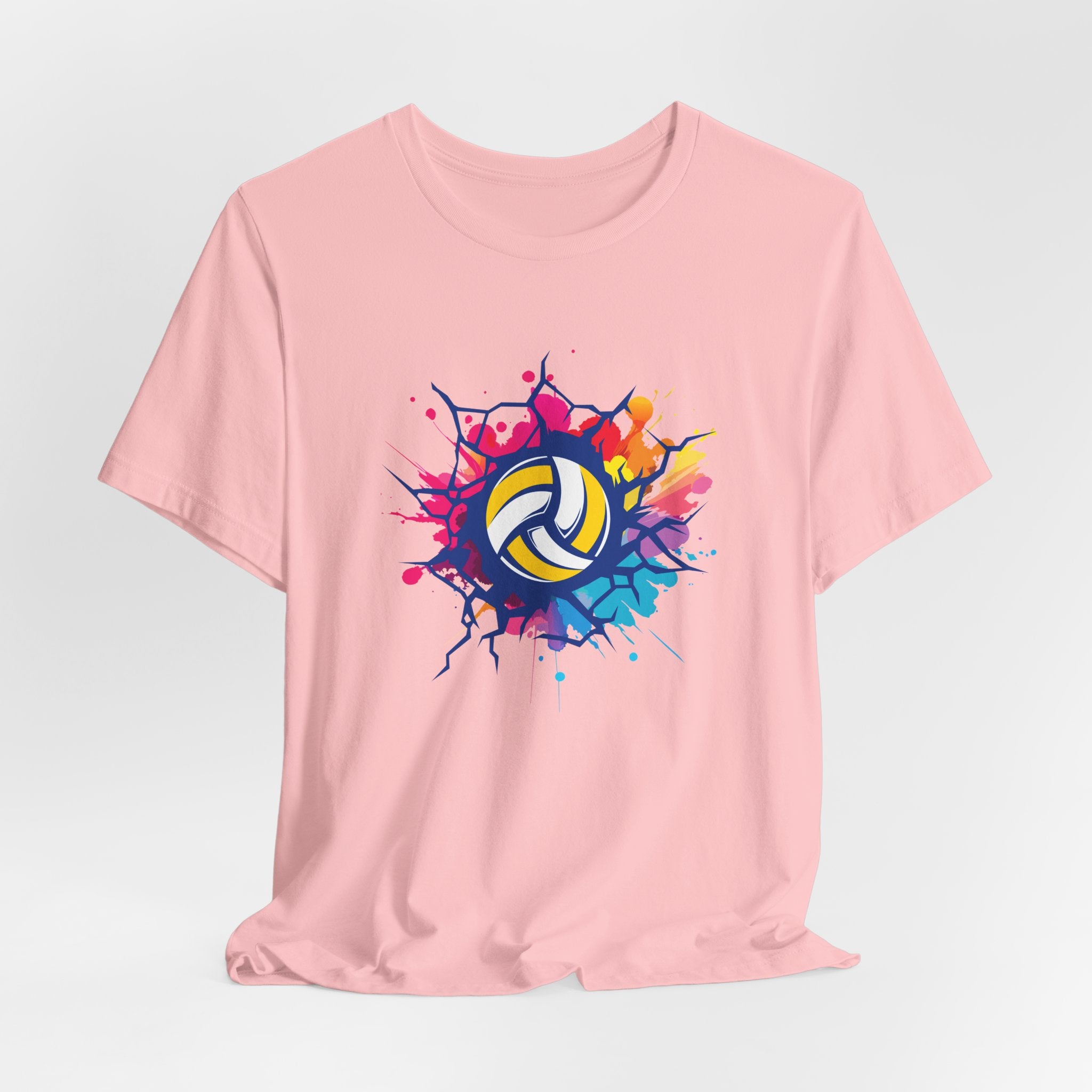 Pink t-shirt with a colorful volleyball graphic on a light gray background