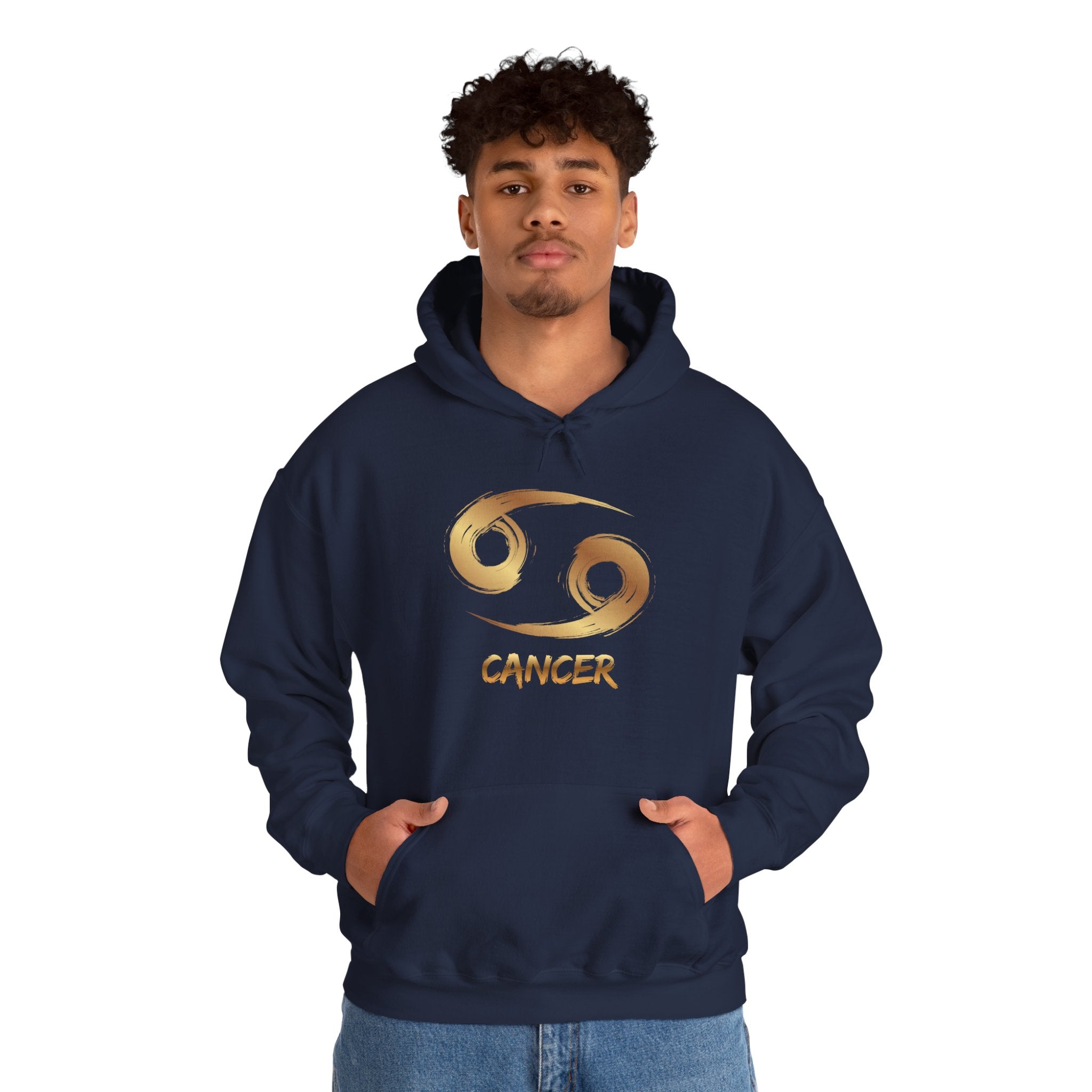 Person wearing a navy hoodie with 'Cancer' and zodiac symbol design on a white background