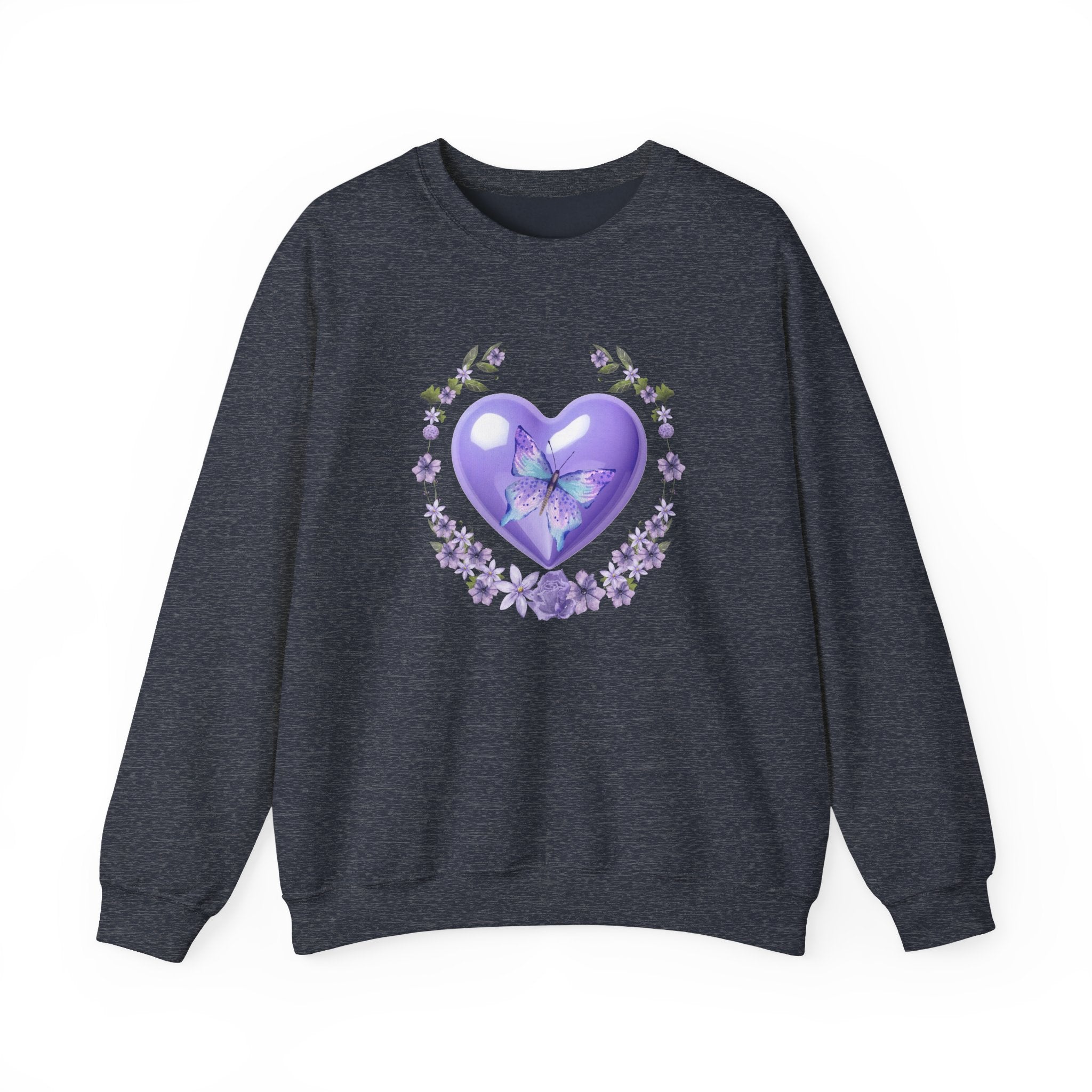Dark navy sweatshirt with a purple heart and butterfly design on a white background