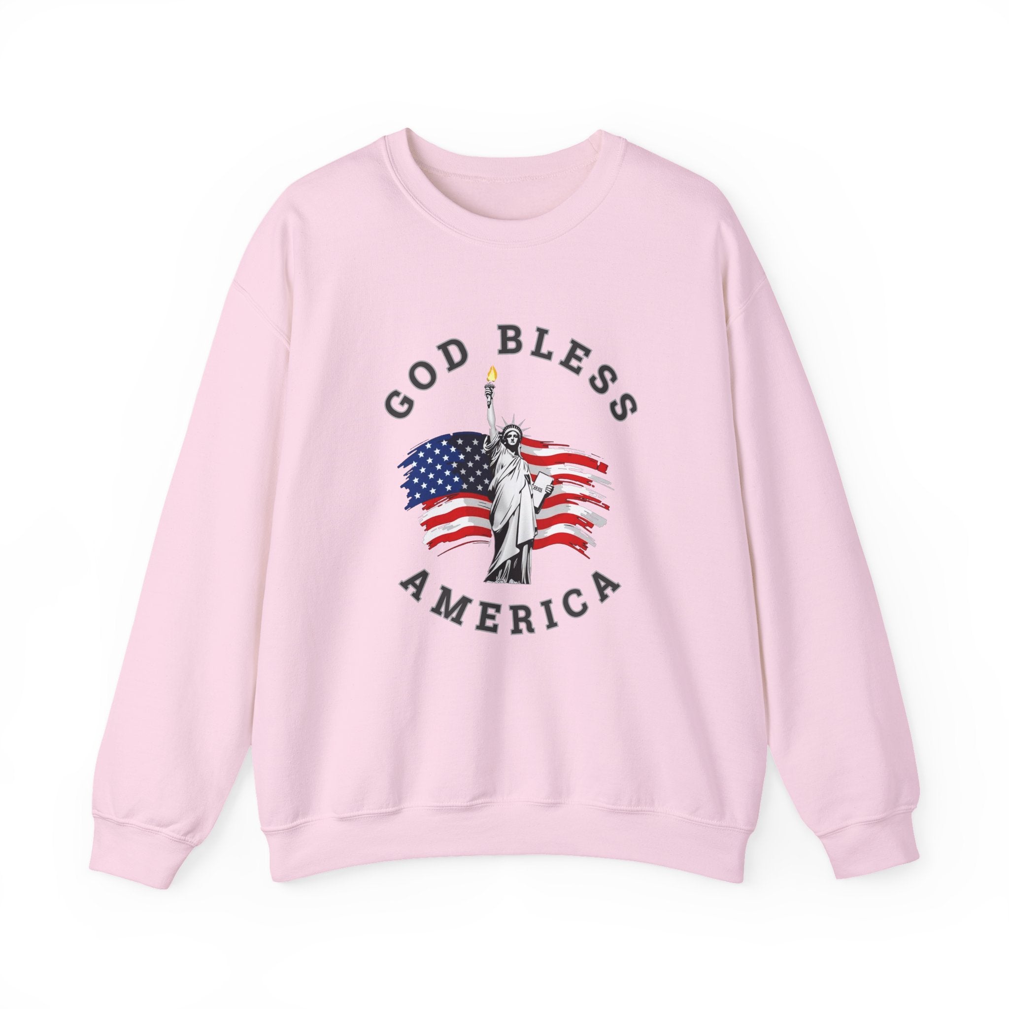 Pink sweatshirt with 'God Bless America' graphic on a white background