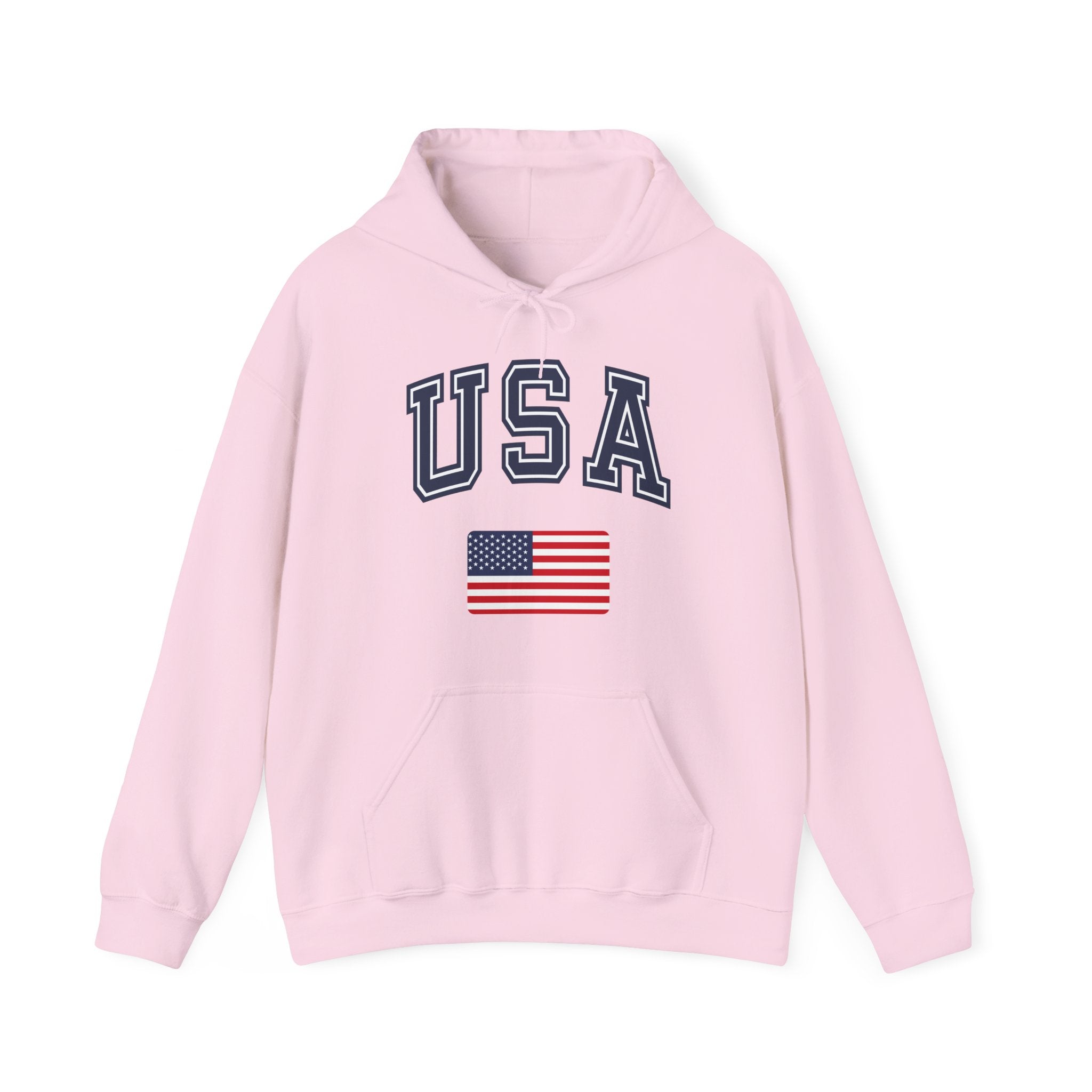 Pink hoodie with 'USA' text and American flag on a white background