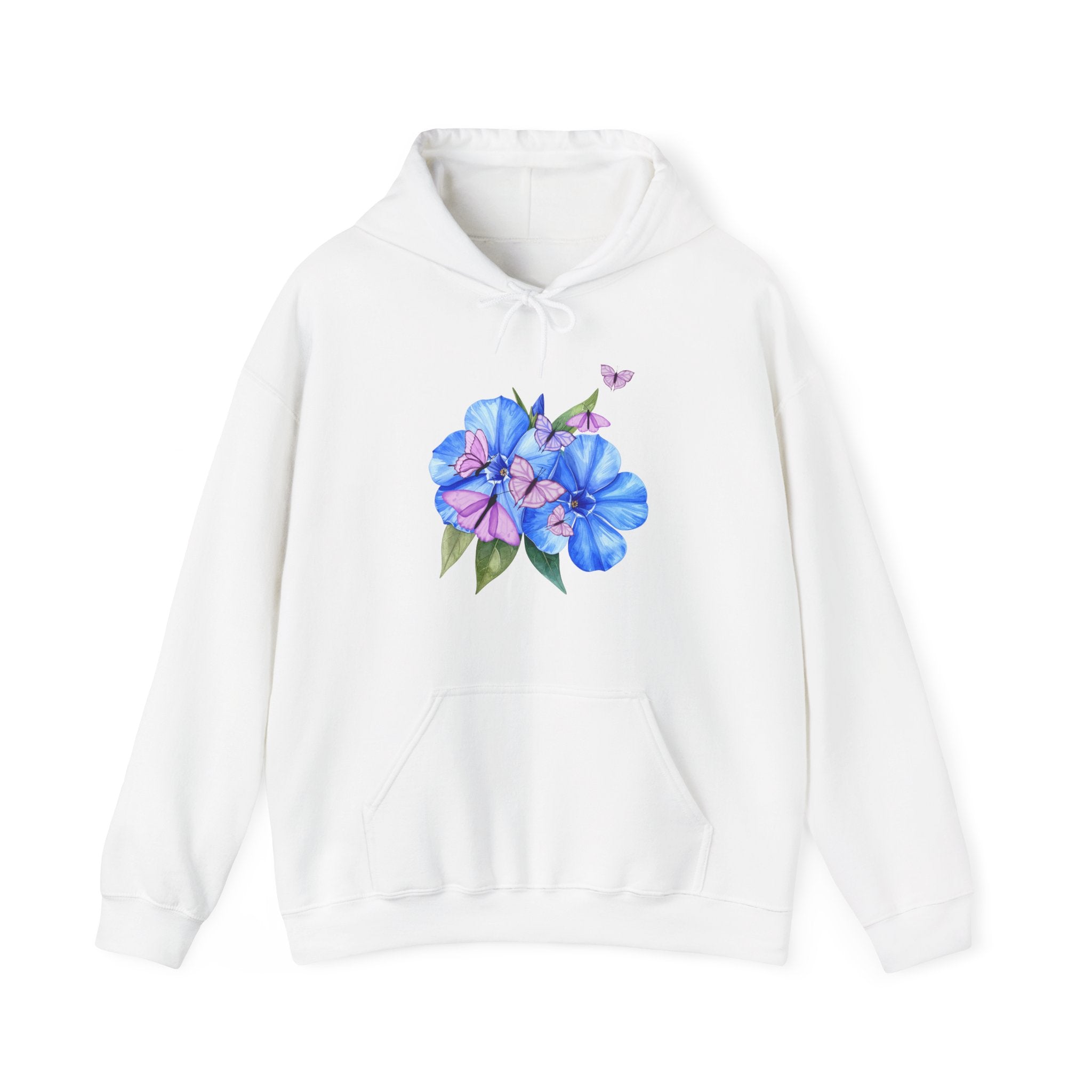 White hoodie with a floral design on a white background