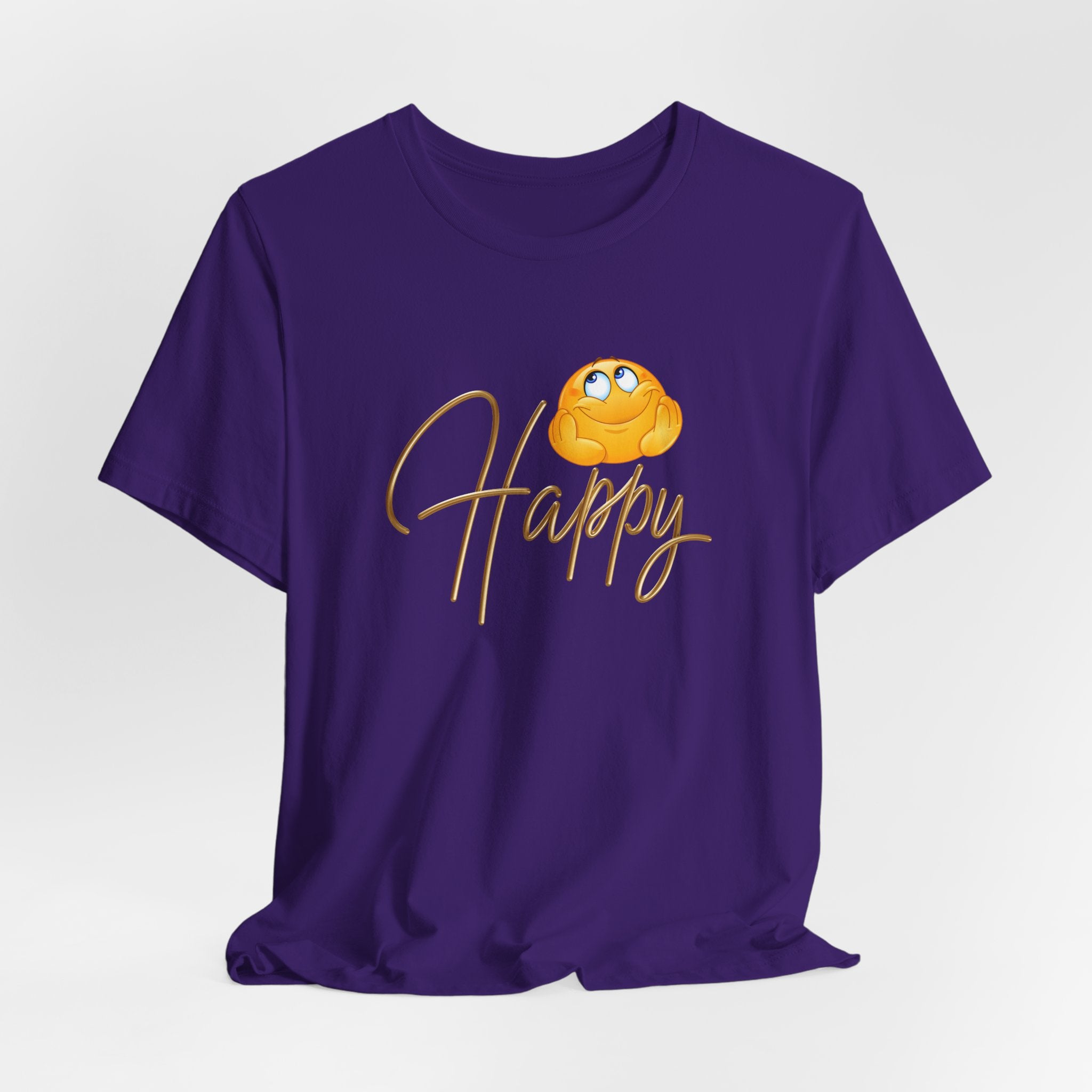 Purple t-shirt with a cartoon character and 'Happy' text on a white background