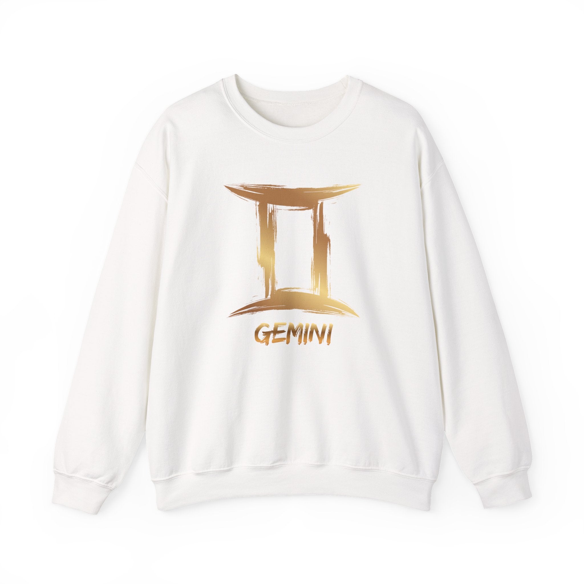 White sweatshirt with gold Gemini zodiac symbol on a white background