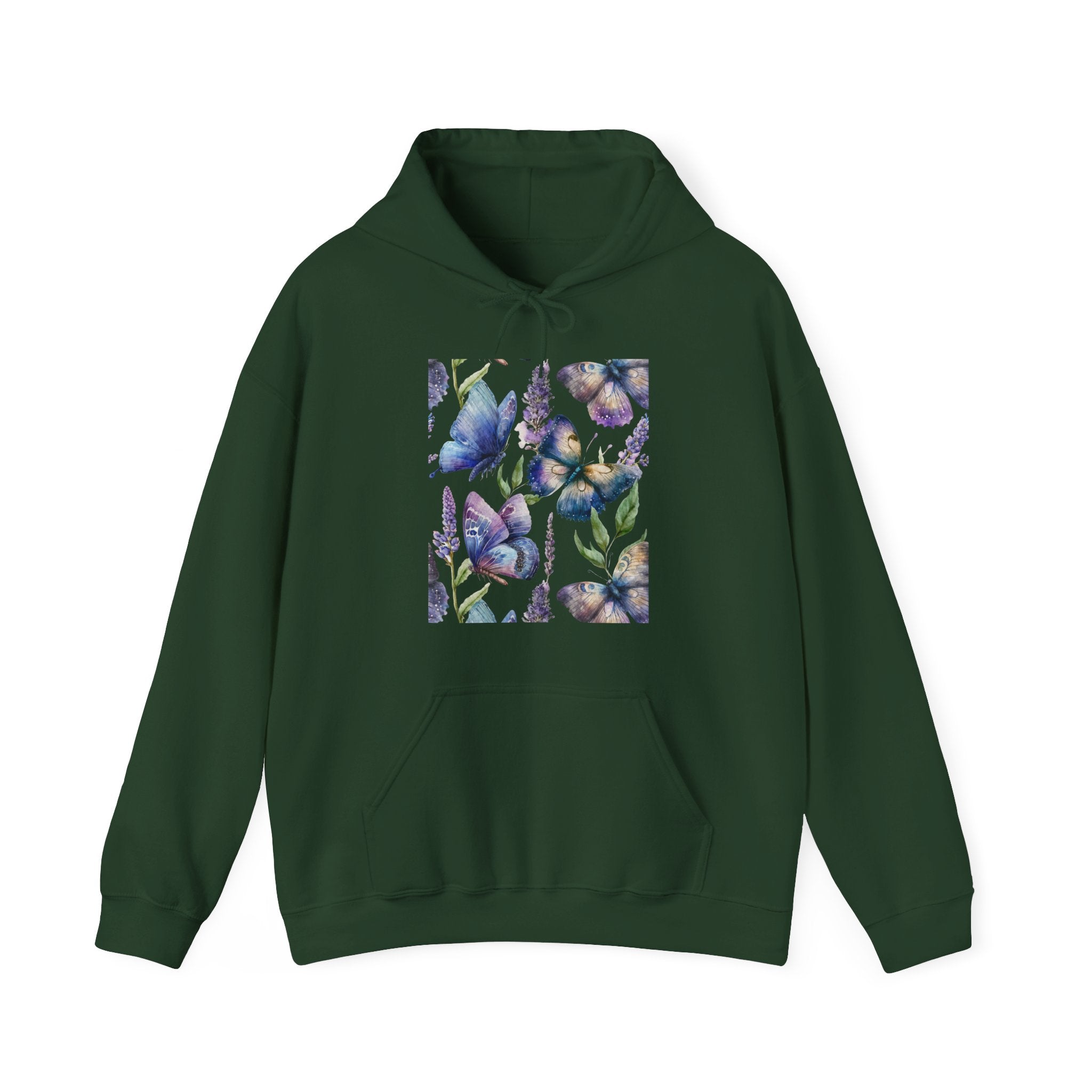 Green hoodie with butterfly design on a white background