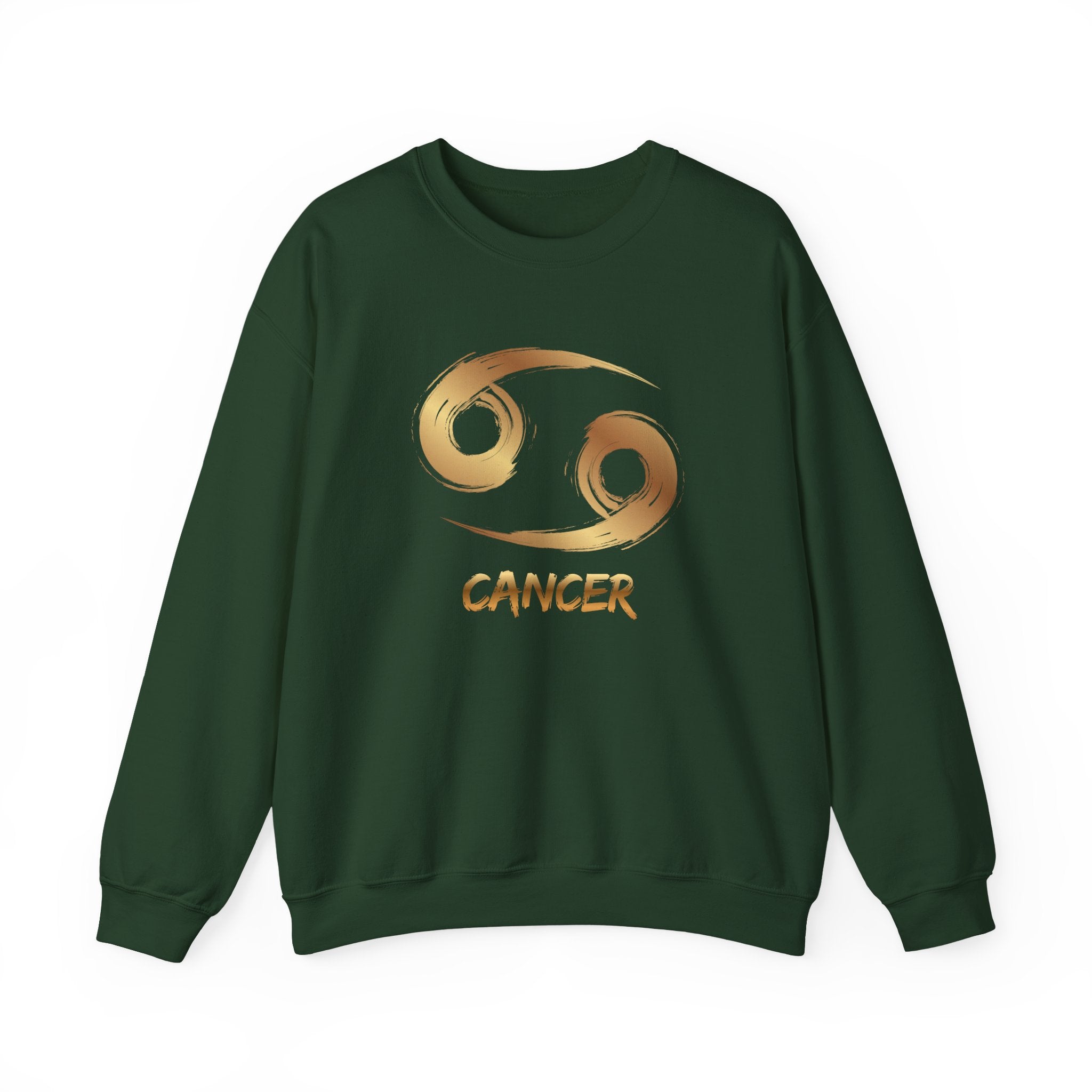 Green sweatshirt with Cancer zodiac symbol in gold on a white background