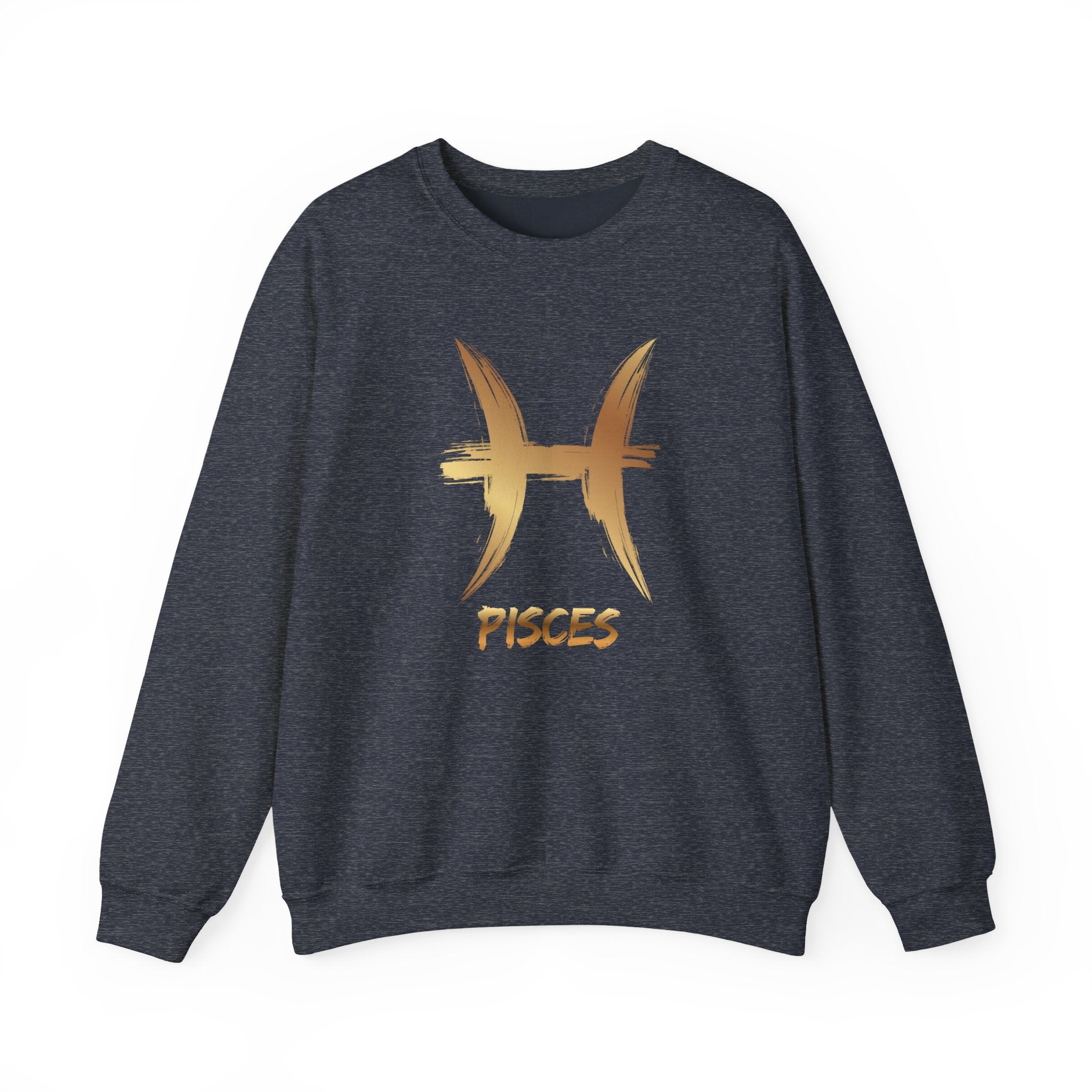 Dark navy sweatshirt with gold Pisces symbol and text on a white background