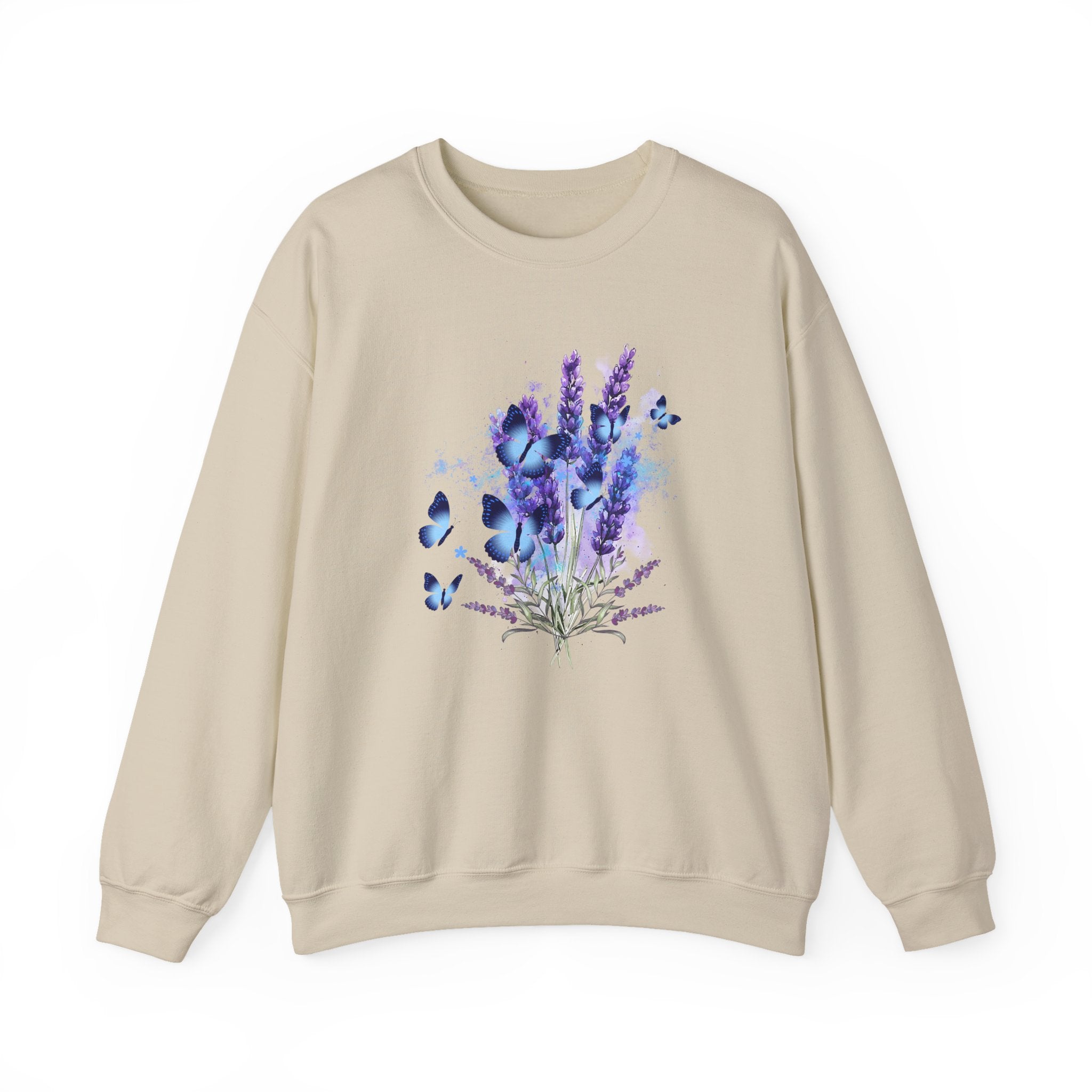Beige sweatshirt with a design of lavender and butterflies on a white background