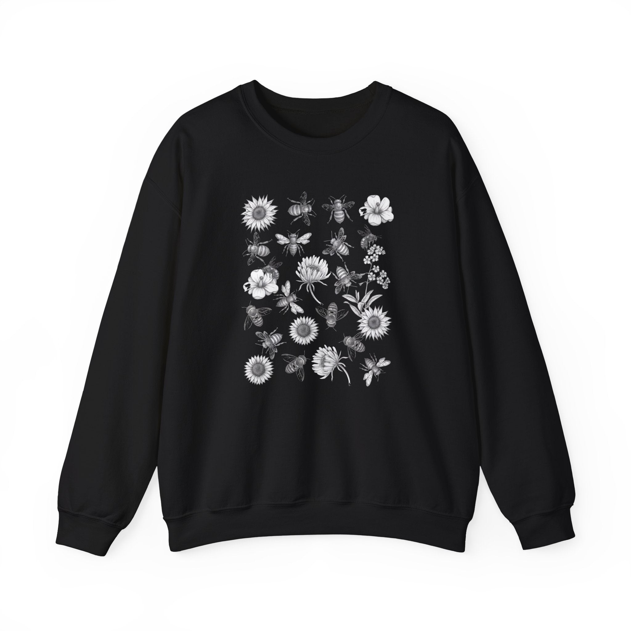Black sweatshirt with bee and flower pattern on a white background
