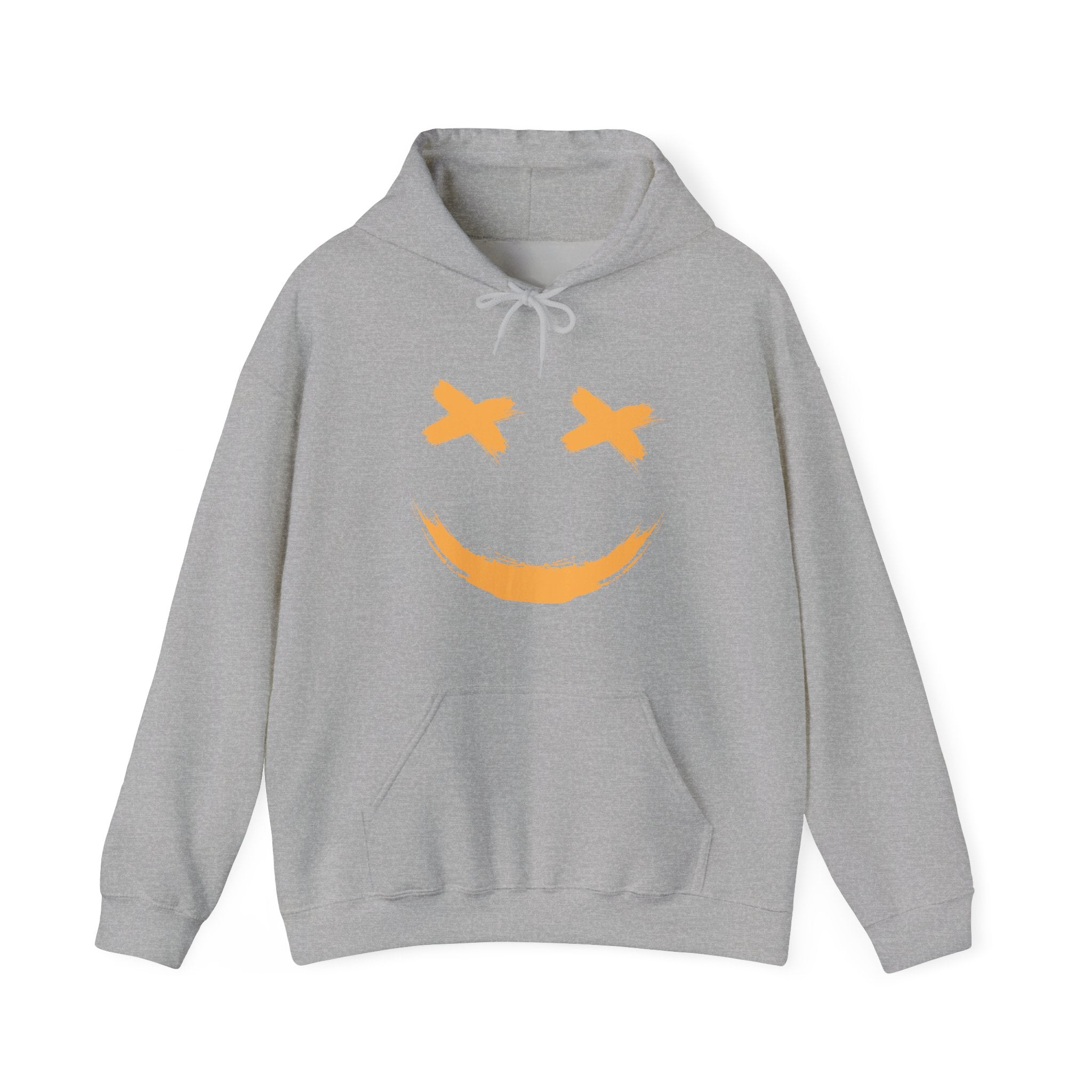 Gray hoodie with smiley graphic design on a white background