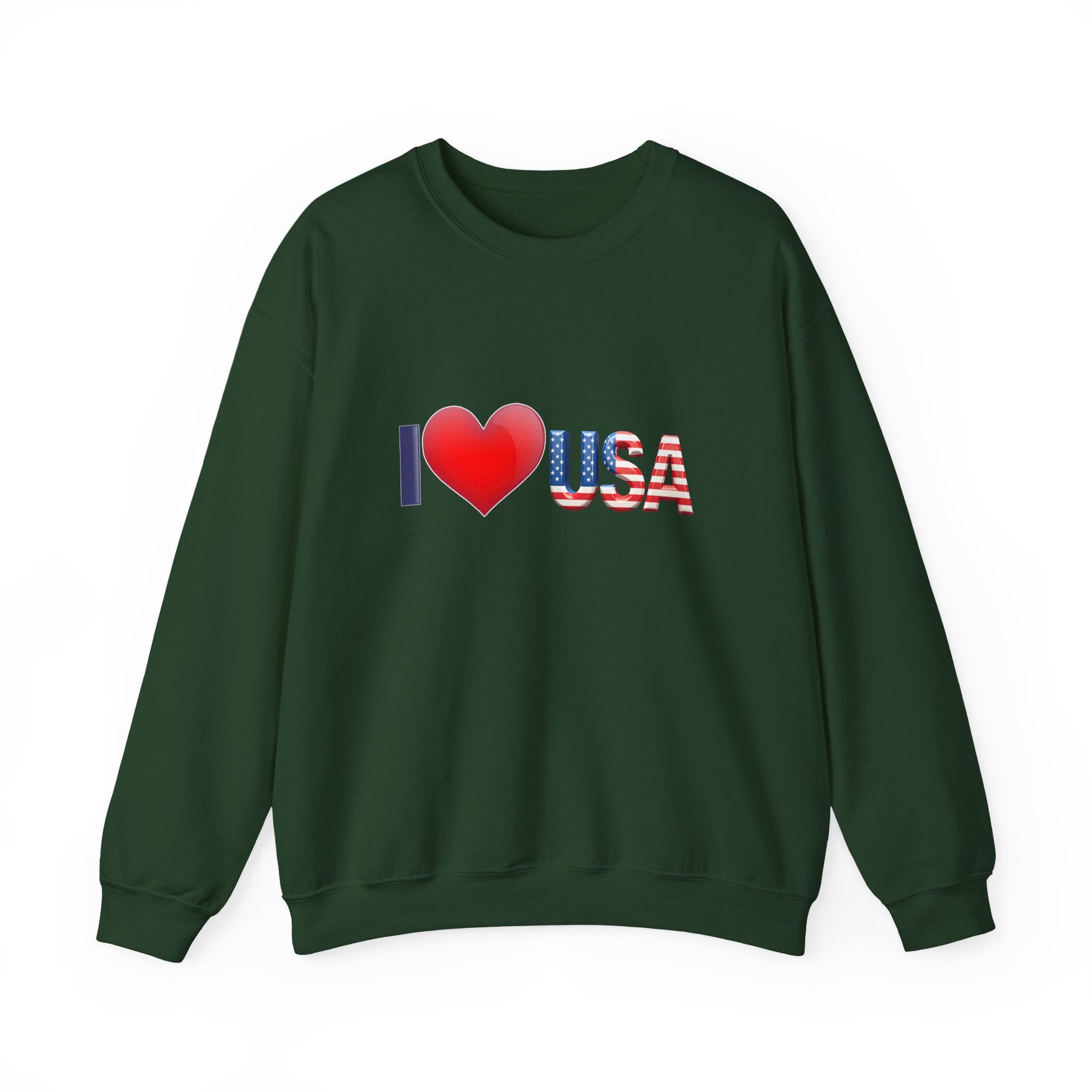 Green sweatshirt with 'I ❤️ USA' text on a white background