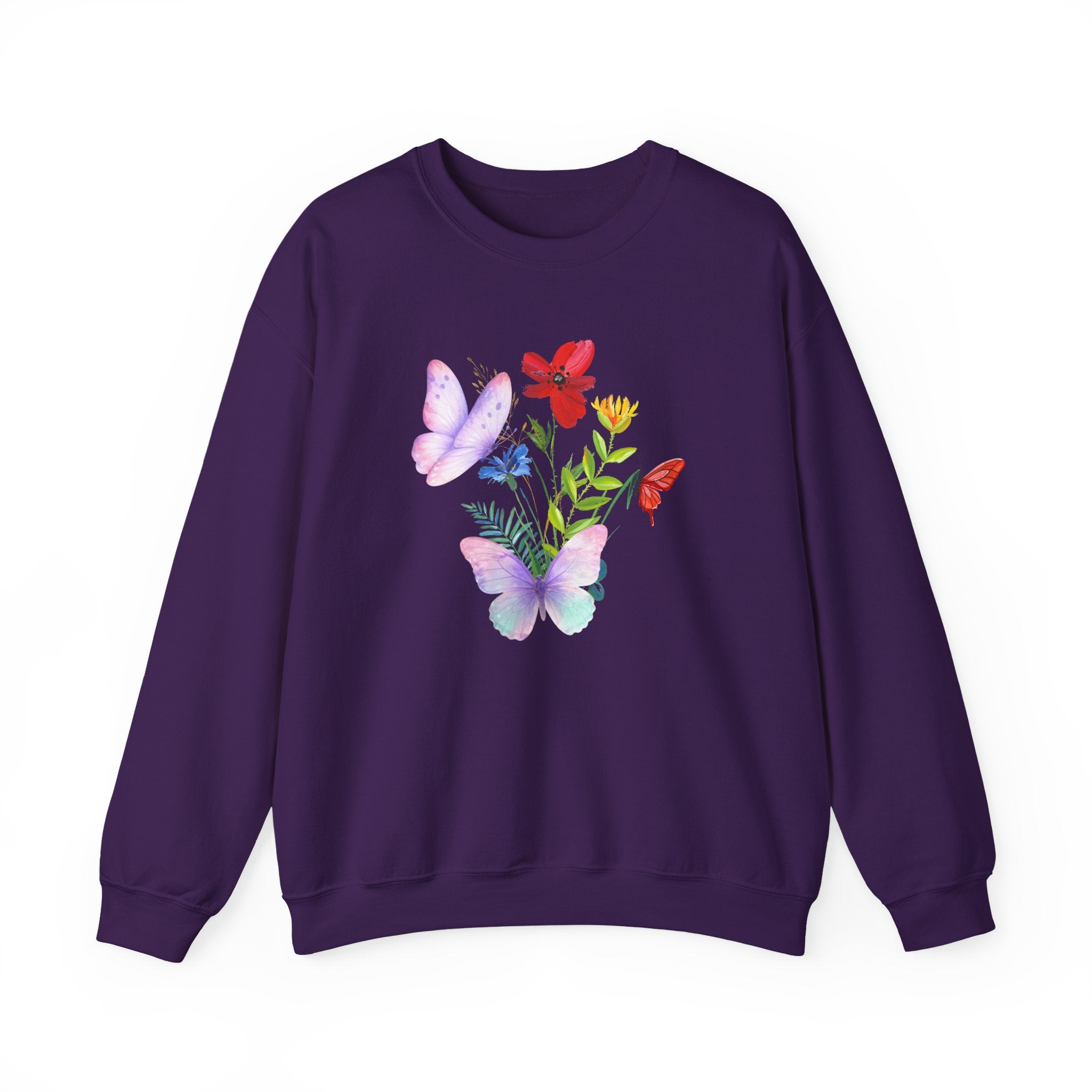 Purple sweatshirt with butterfly and floral design on a white background