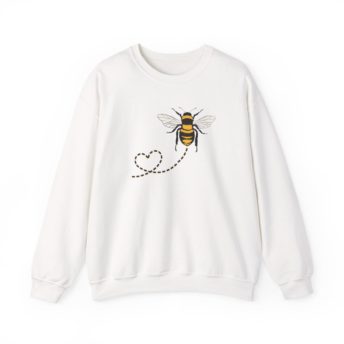 White sweatshirt with a bee and heart design on a white background