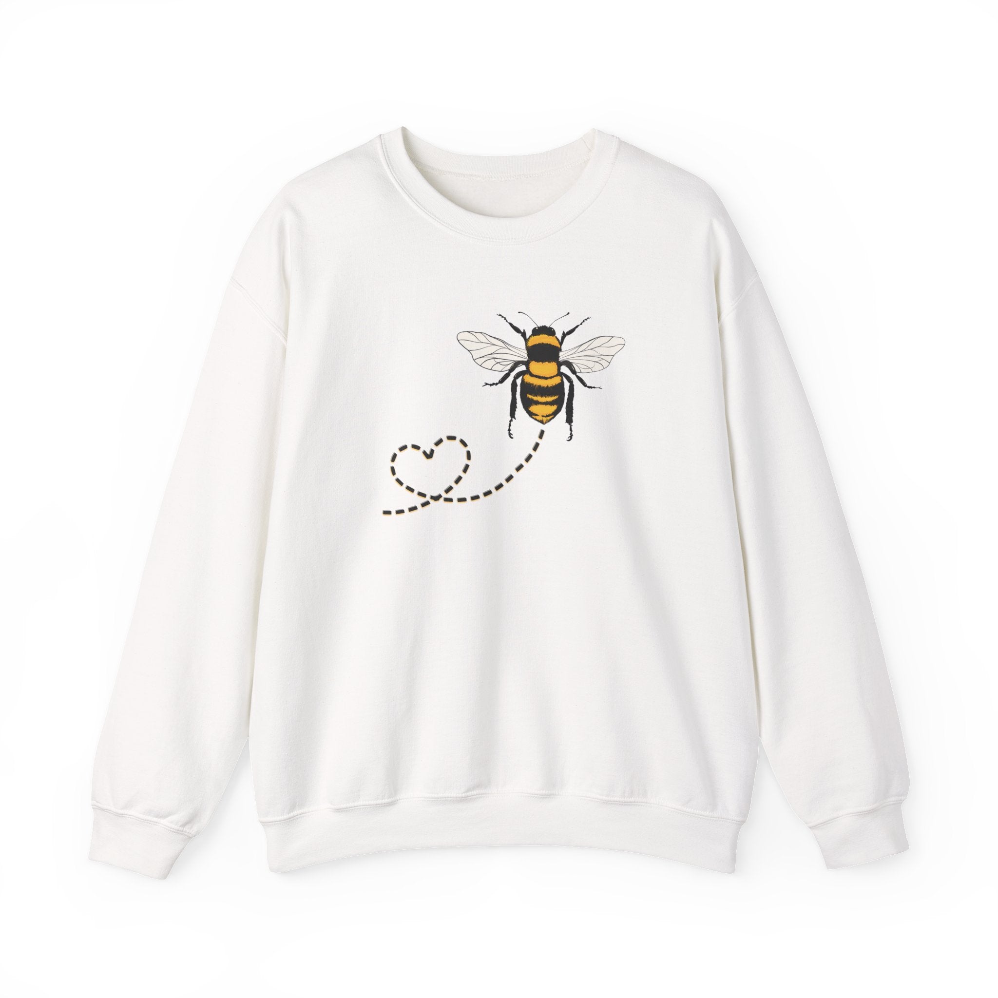 White sweatshirt with a bee and heart design on a white background