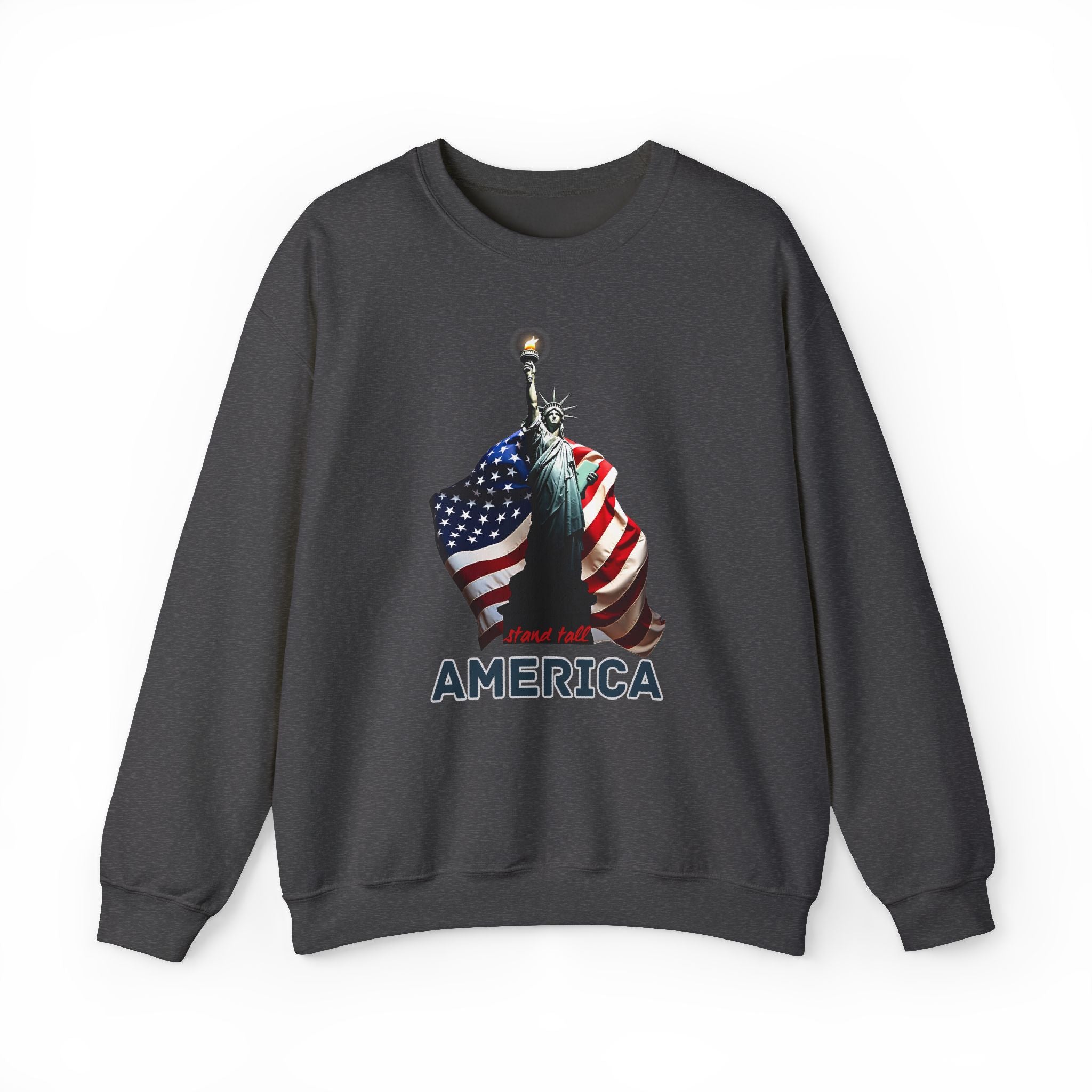 Dark gray sweatshirt with Statue of Liberty and American flag design on a white background