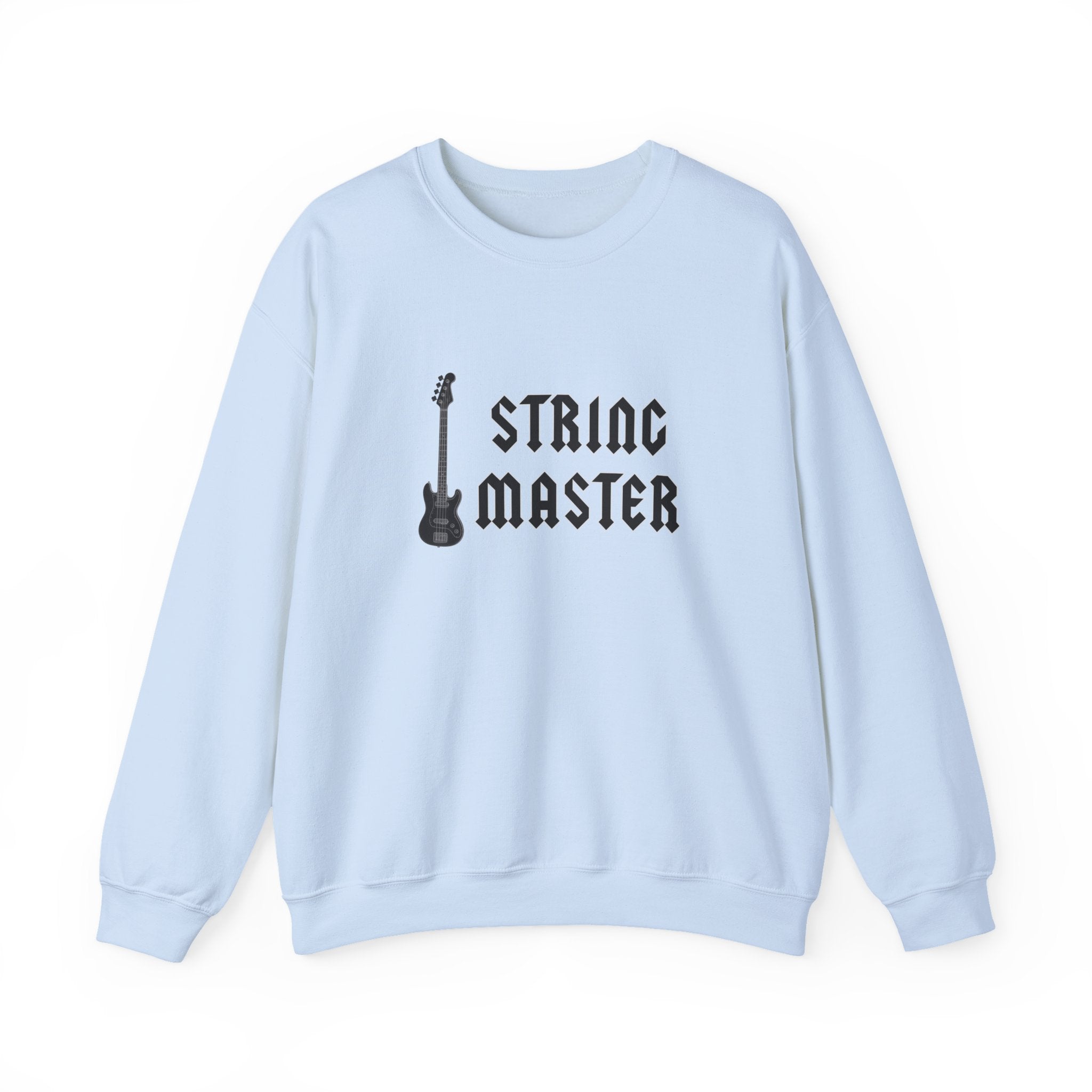 Light blue sweatshirt with 'String Master' text and guitar graphic on a white background
