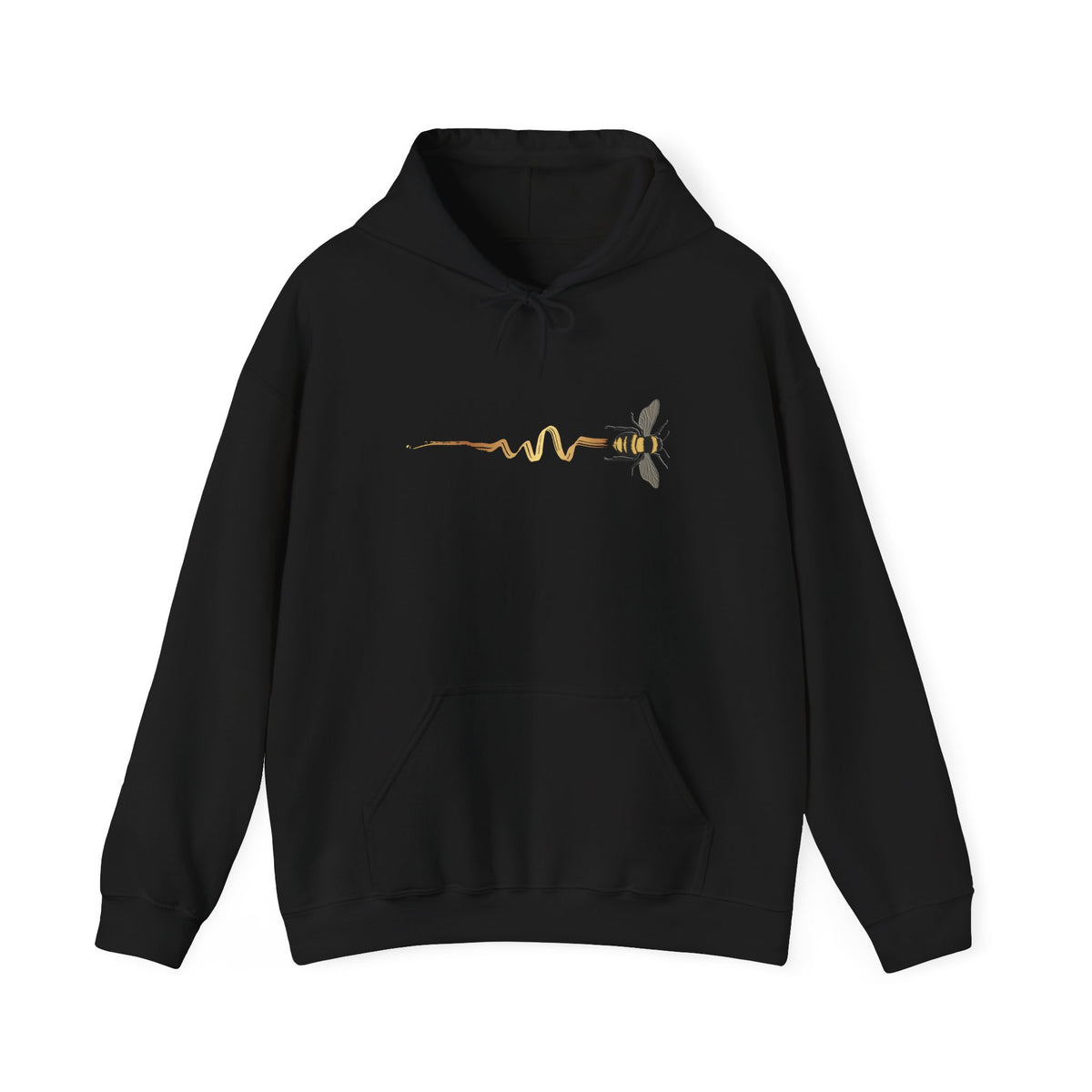 Black hoodie with a bee design on a white background