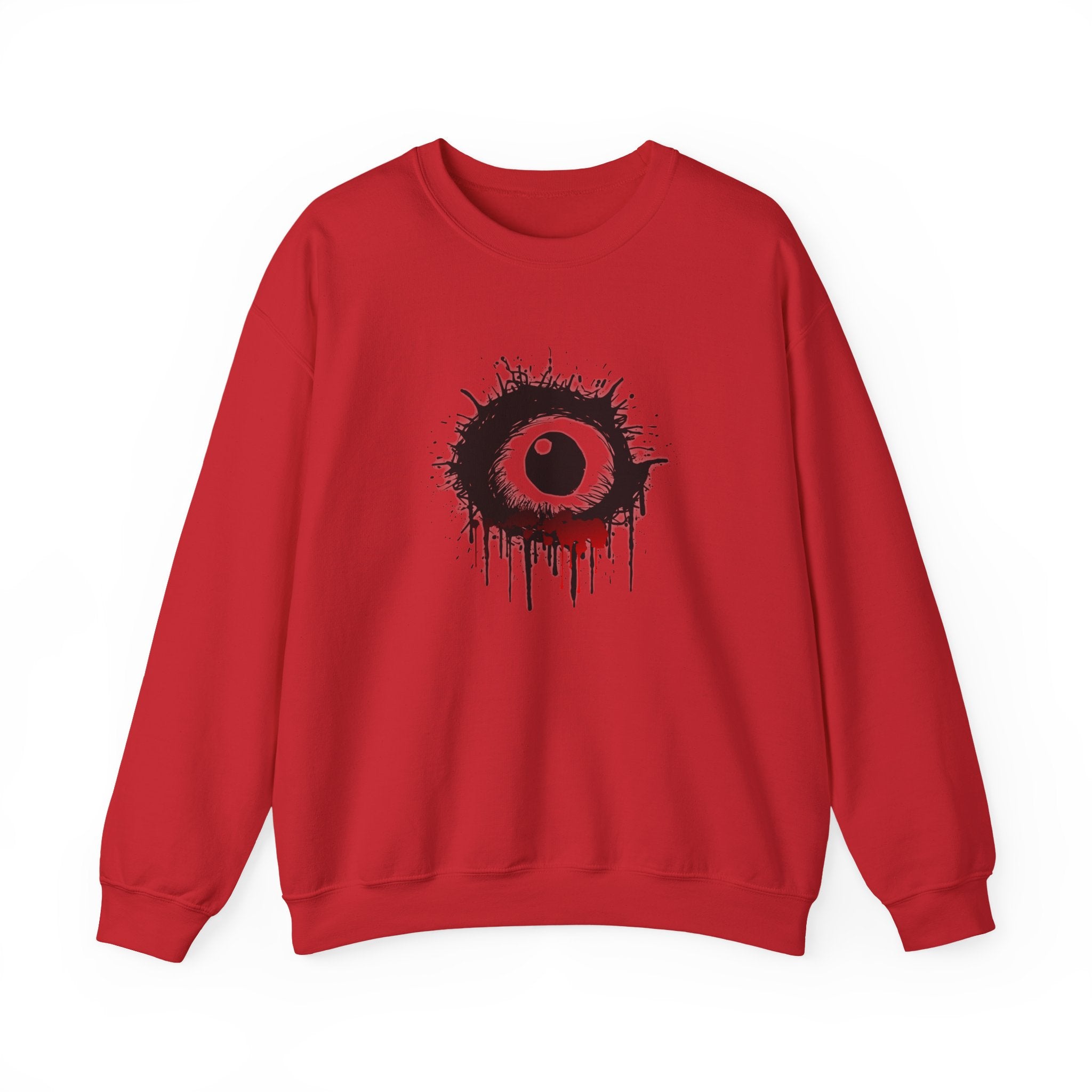 Red sweatshirt with a black graphic design on a white background