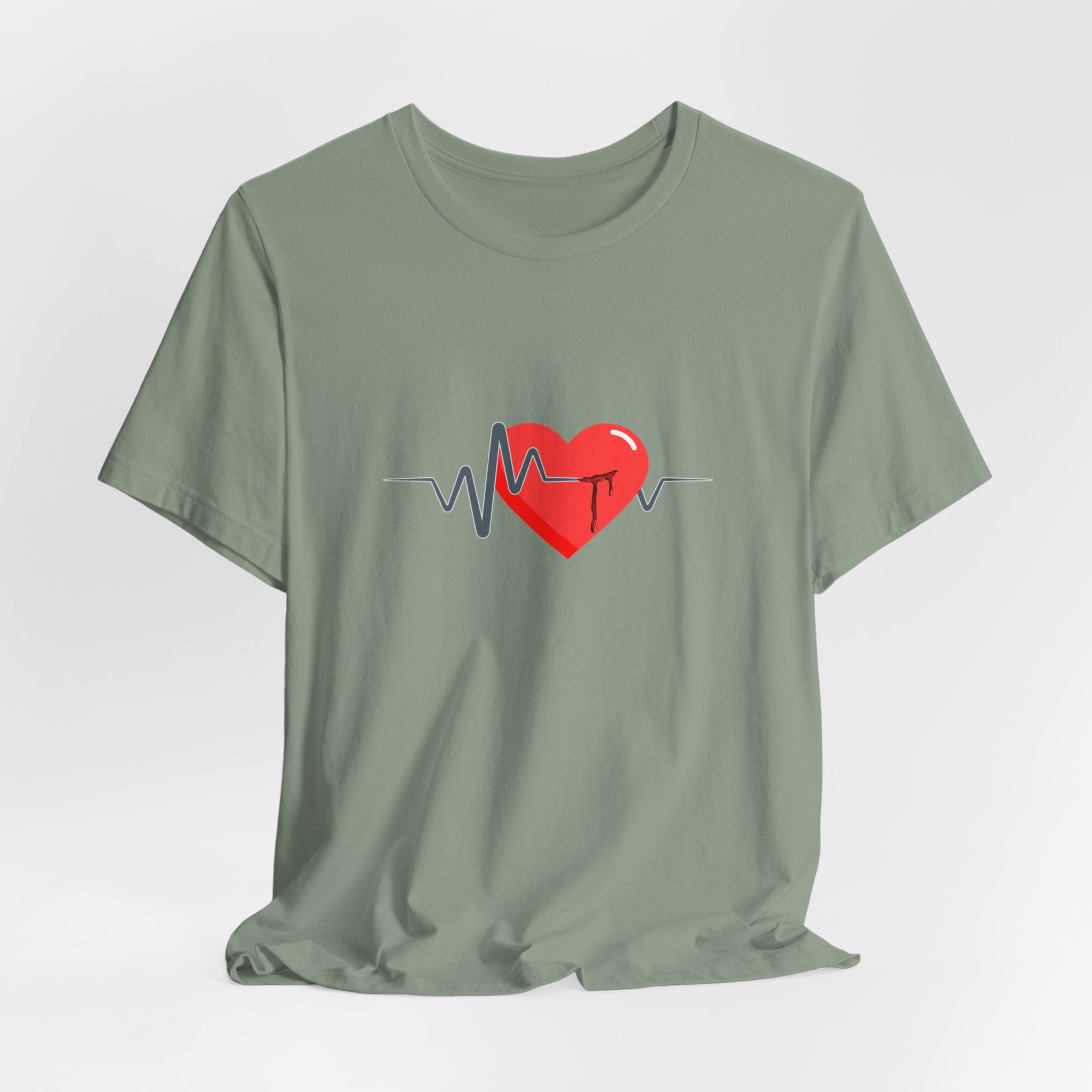 Green t-shirt with a red heart and blue heartbeat line design on a light gray background