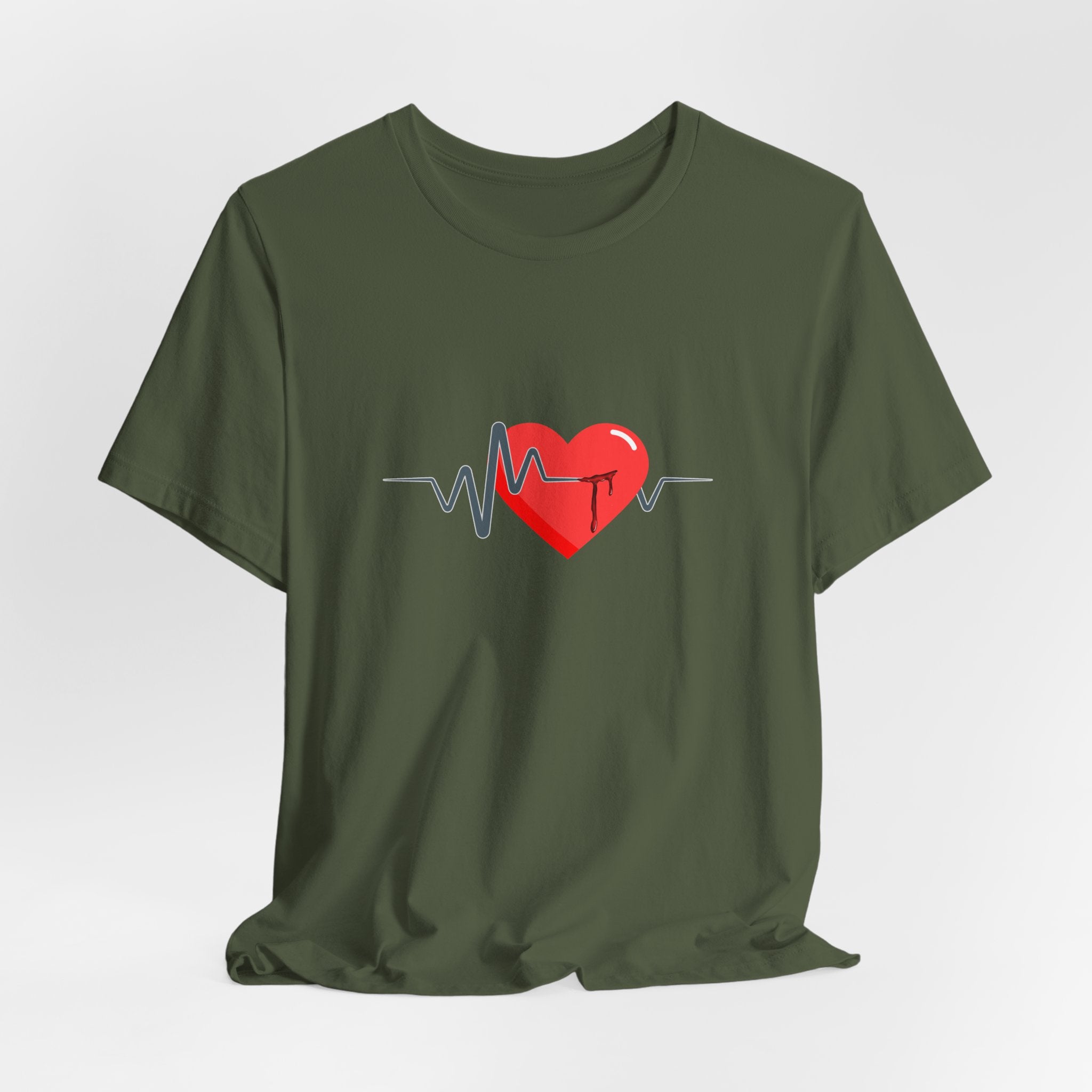 Green t-shirt with a red heart and heartbeat line design on a white background