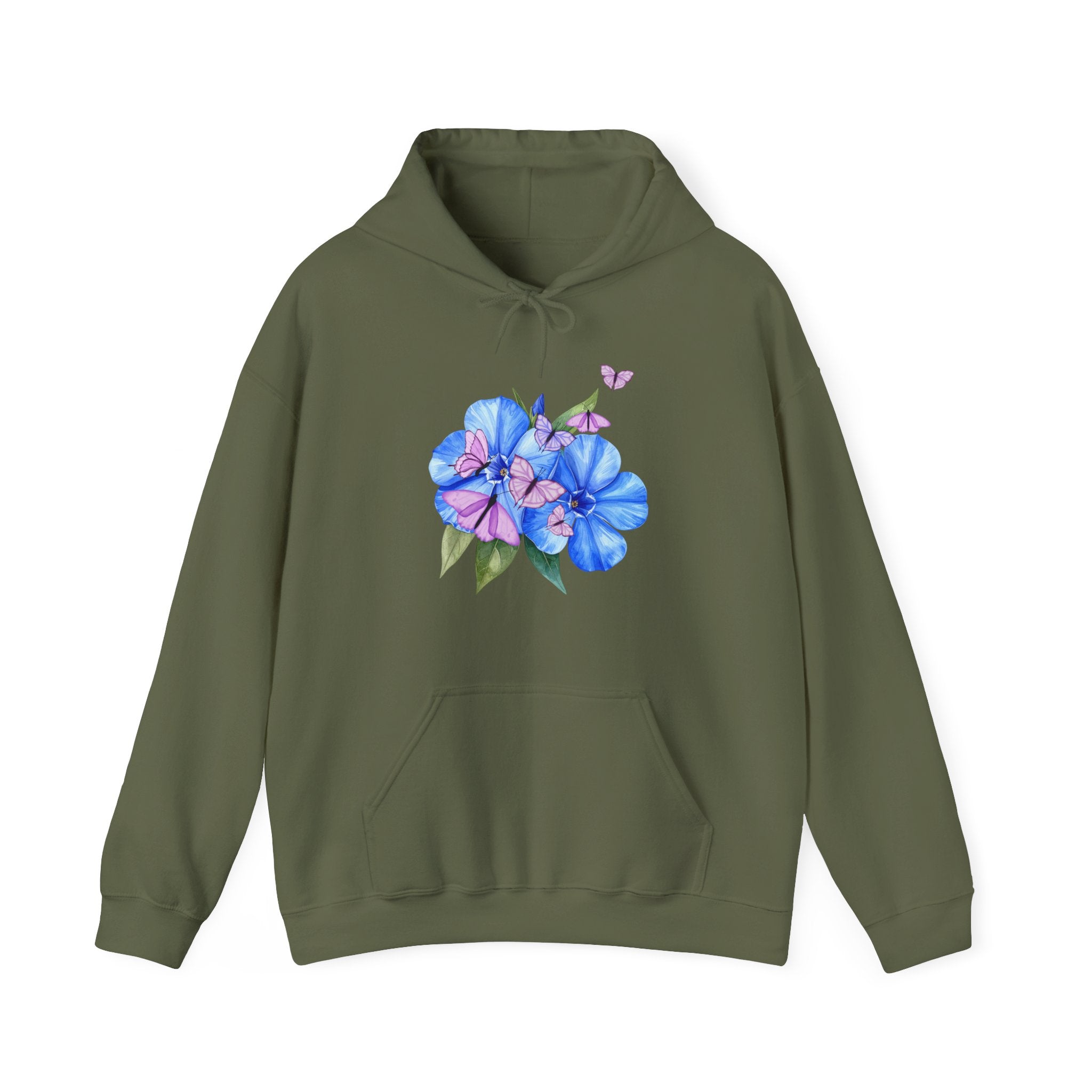 Military green hoodie with a sunflower and butterfly design on a white background