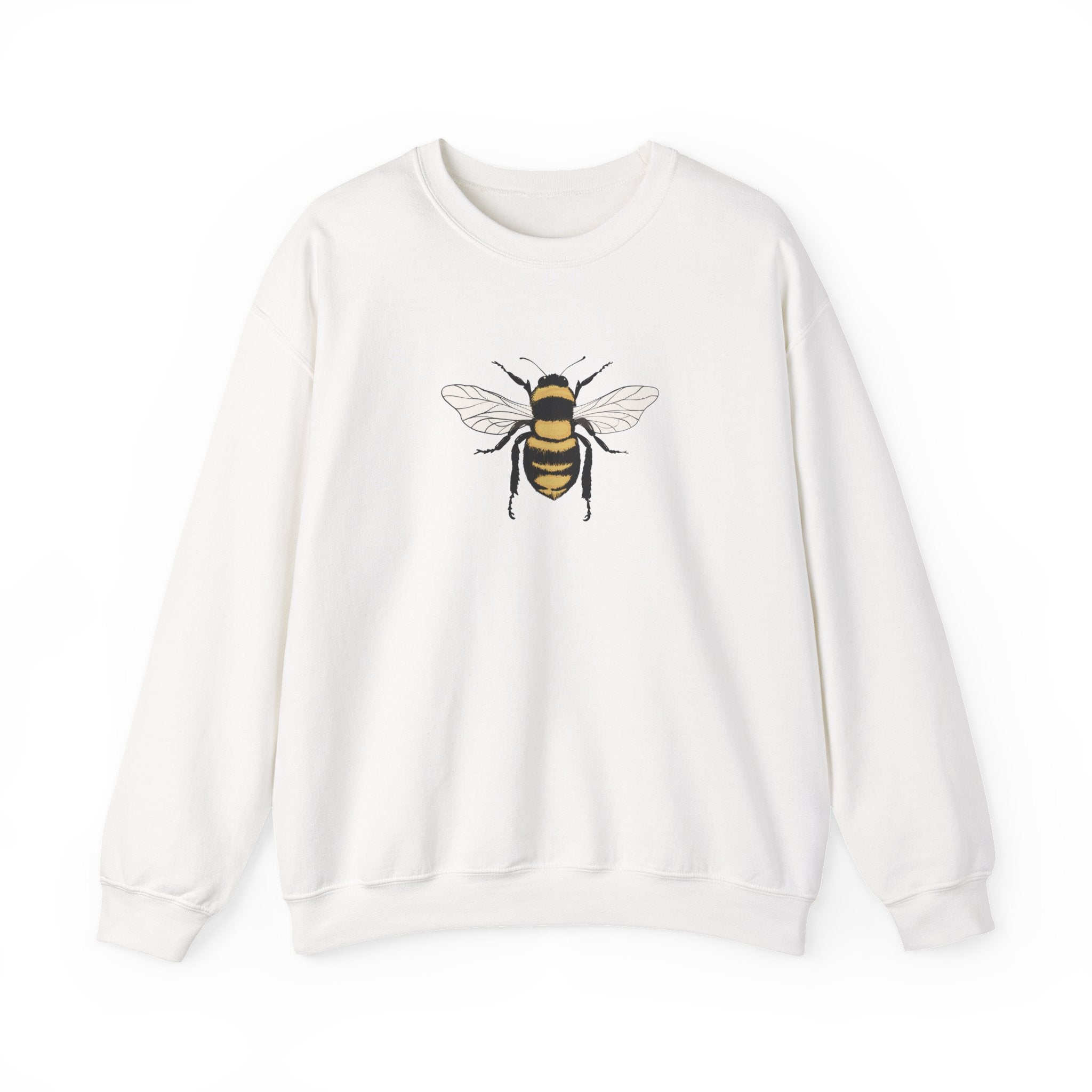 White sweatshirt with bee graphic on a white background