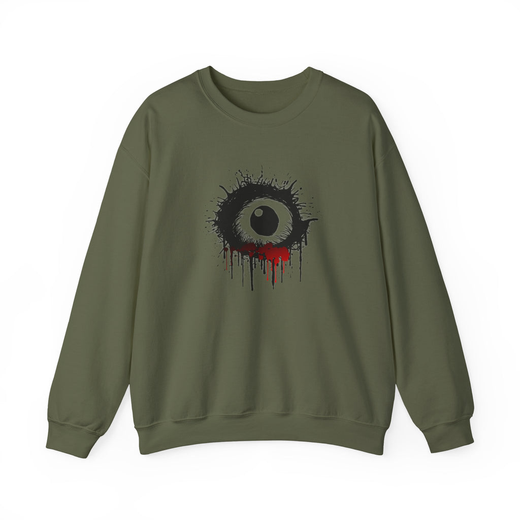 Green sweatshirt with a black and red eye design on a white background