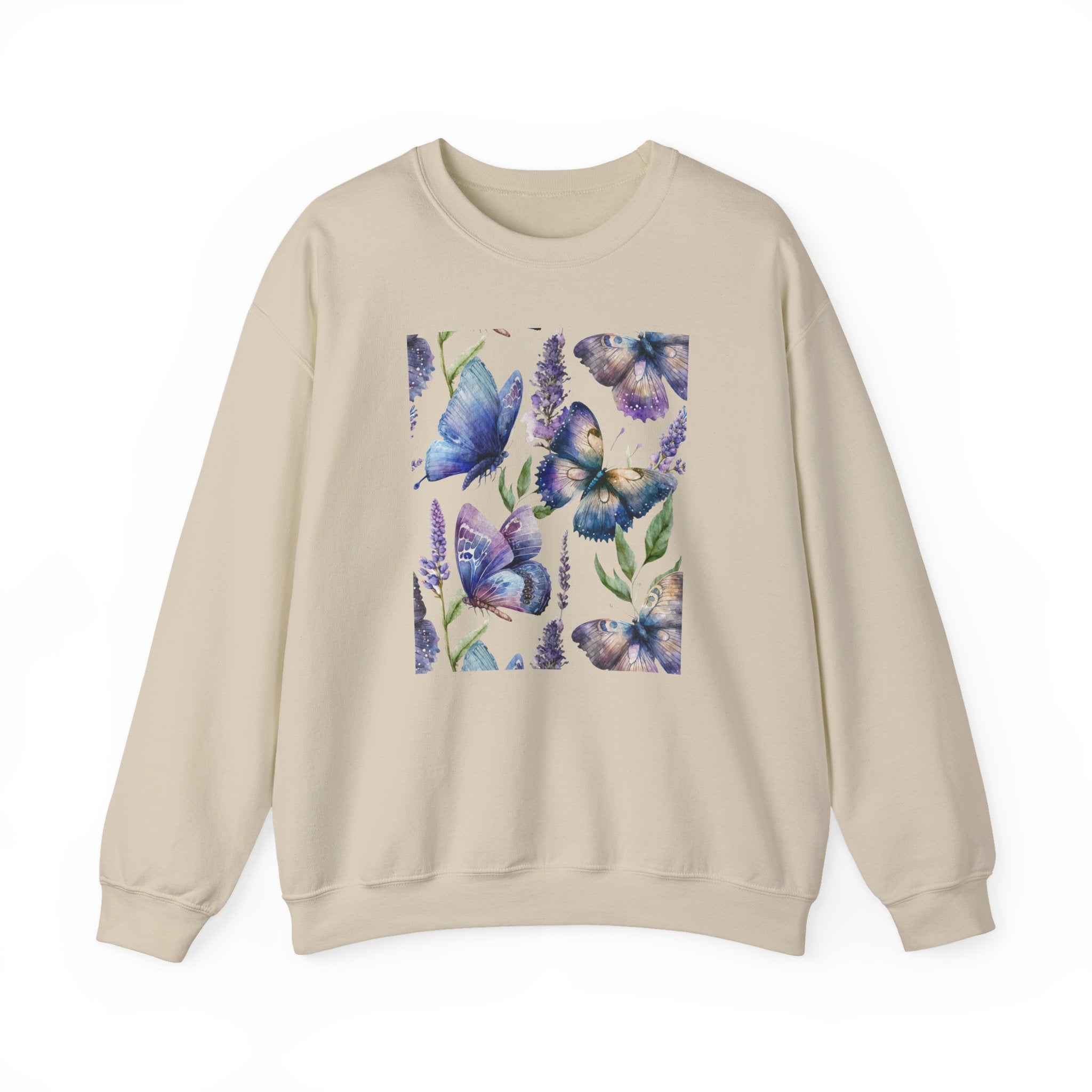 Beige sweatshirt with a floral and butterfly design on a white background