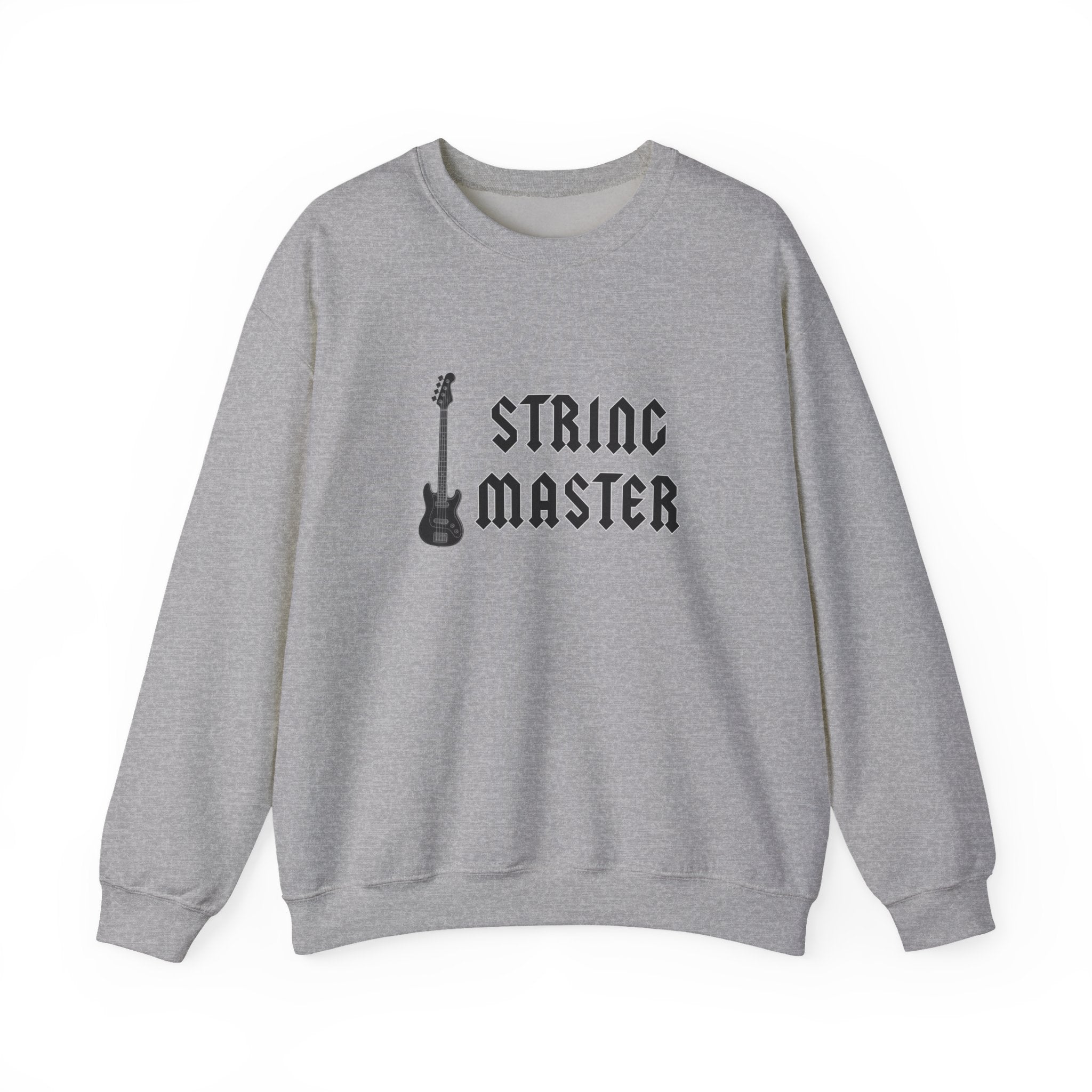 Gray sweatshirt with 'String Master' text and guitar graphic on a white background