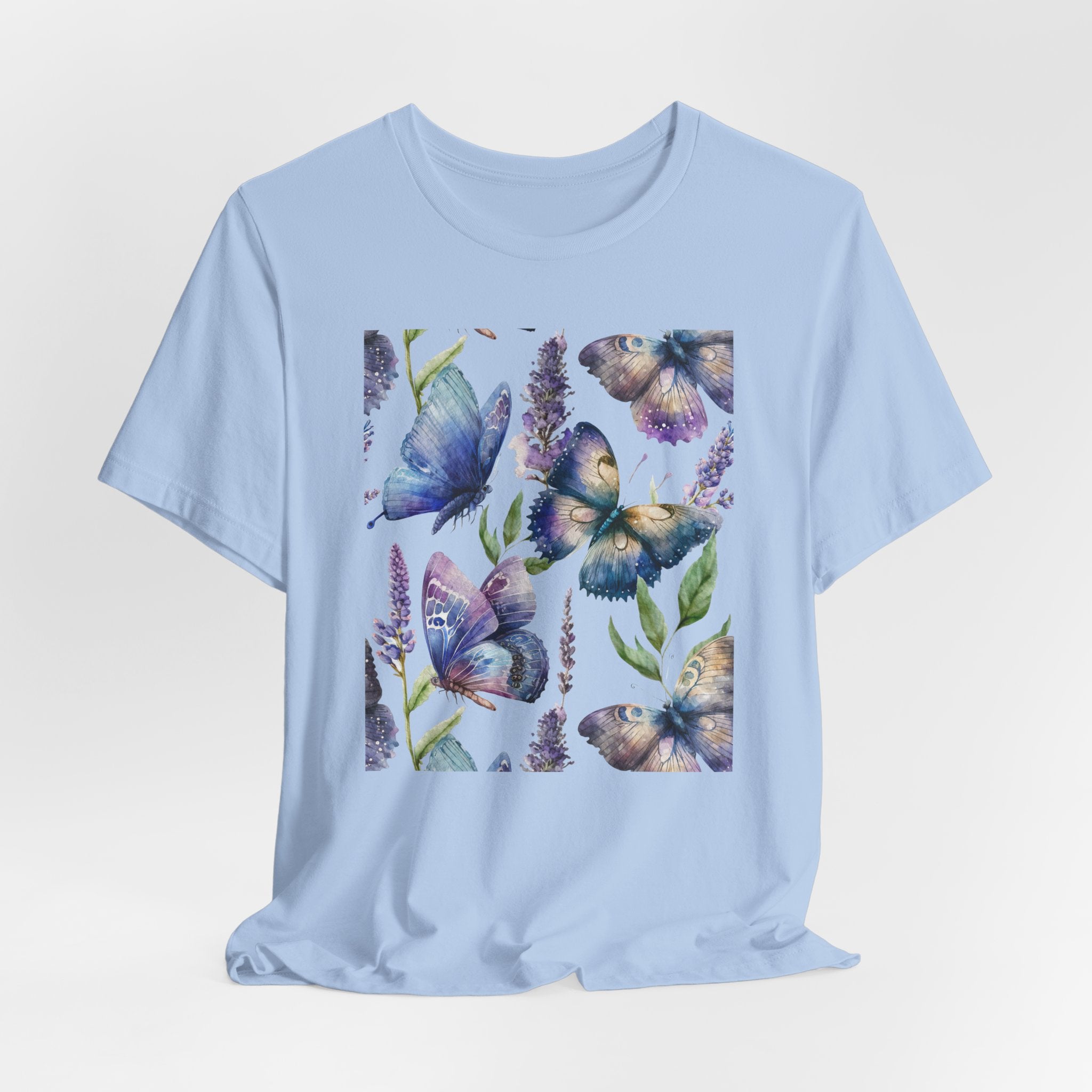 Light blue t-shirt with butterfly design on a white background