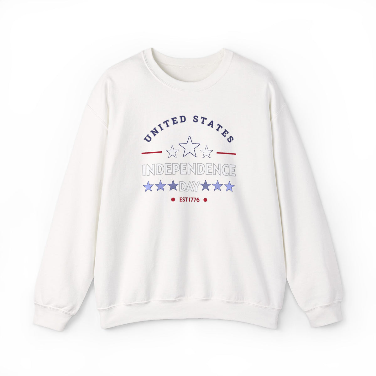 White sweatshirt with 'United States Independence Day' text and star design on a white background