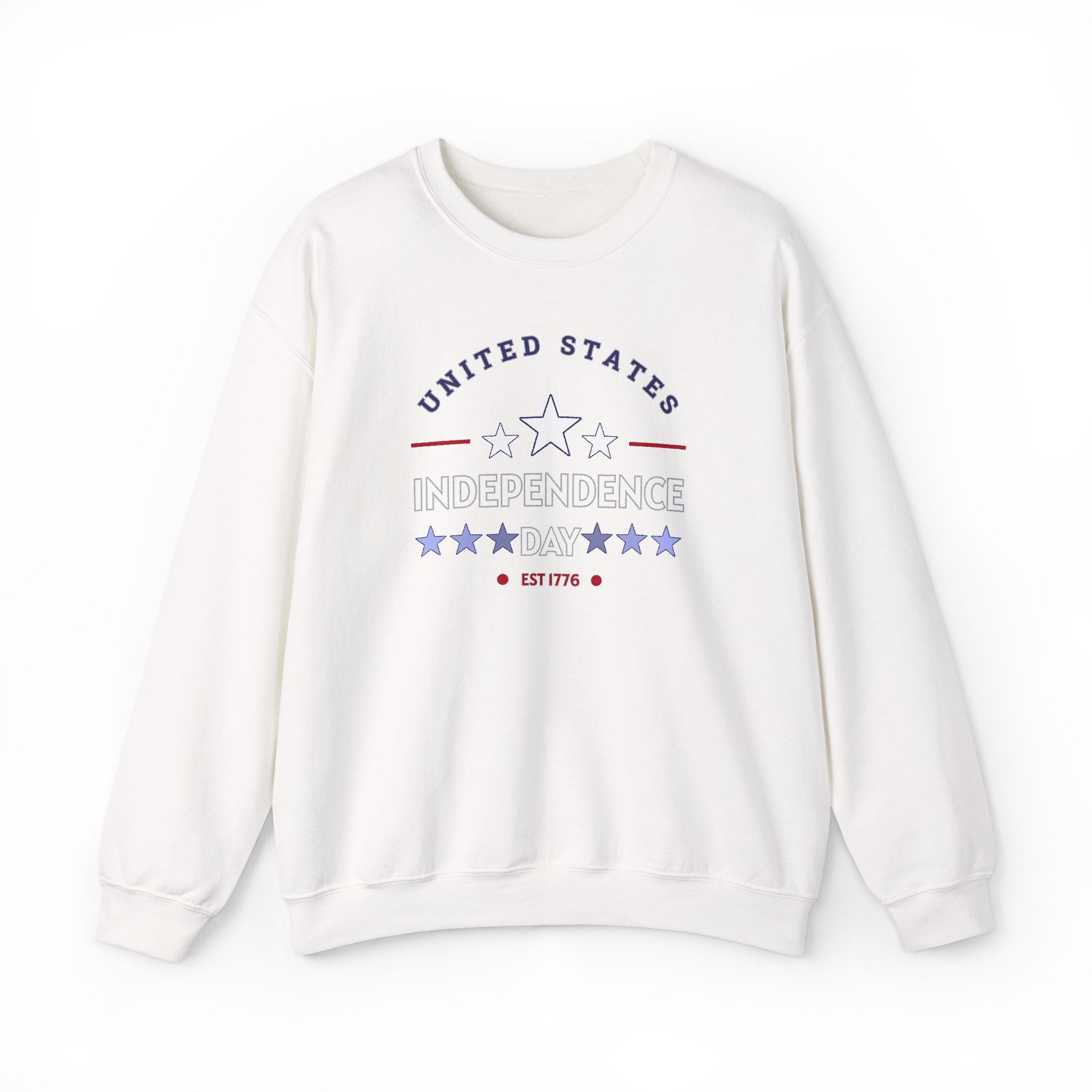 White sweatshirt with 'United States Independence Day' text and star design on a white background