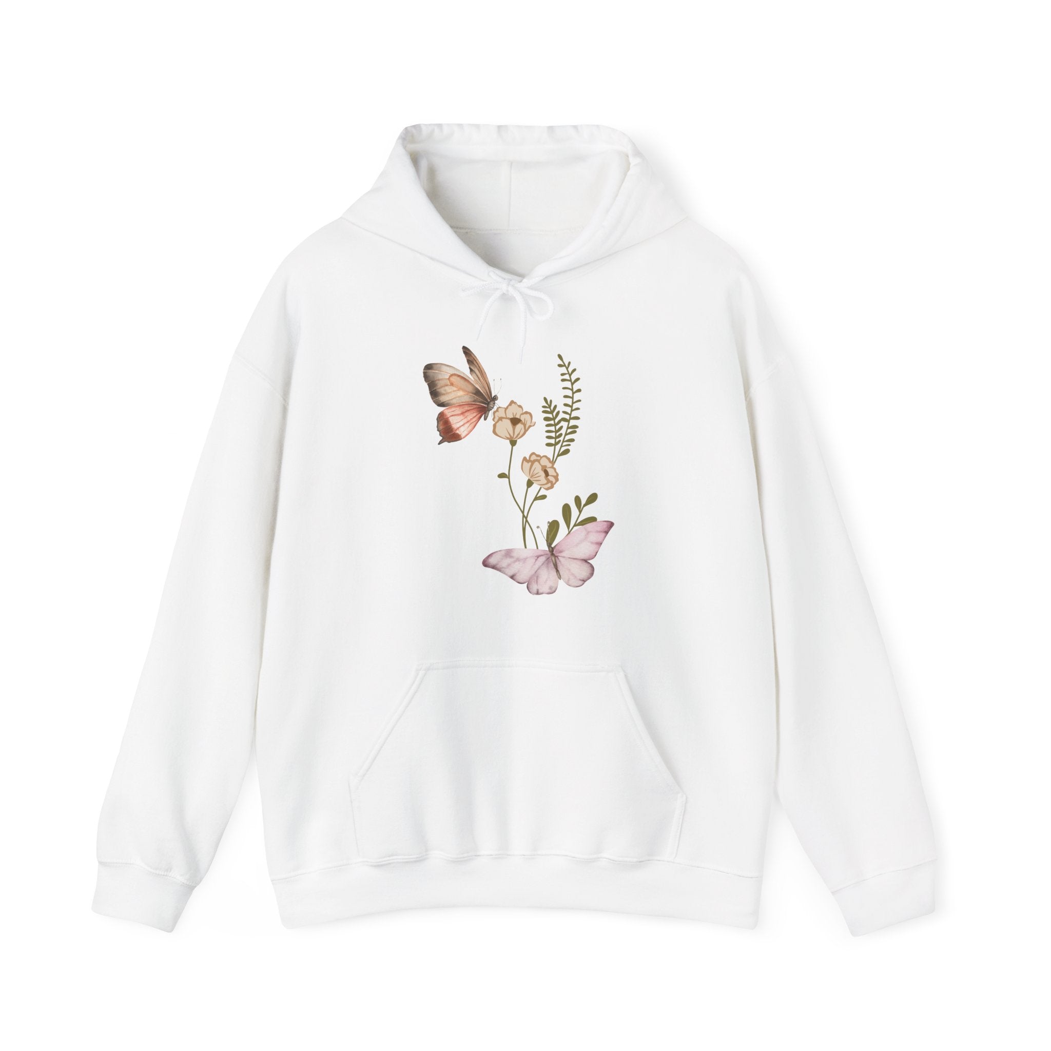 White hoodie with butterfly and floral design on a white background
