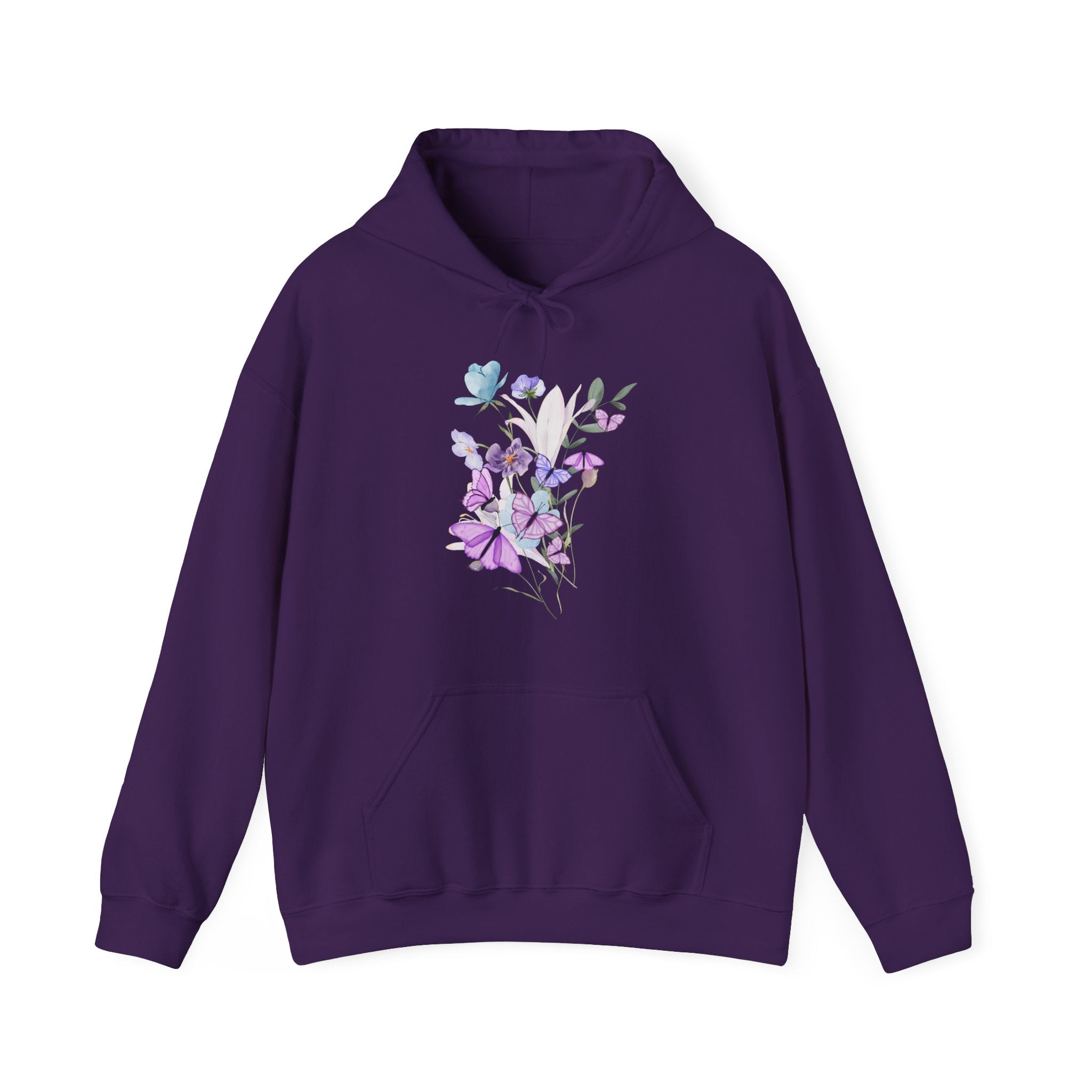 Purple hoodie with a graphic of flowers and butterflies on a white background