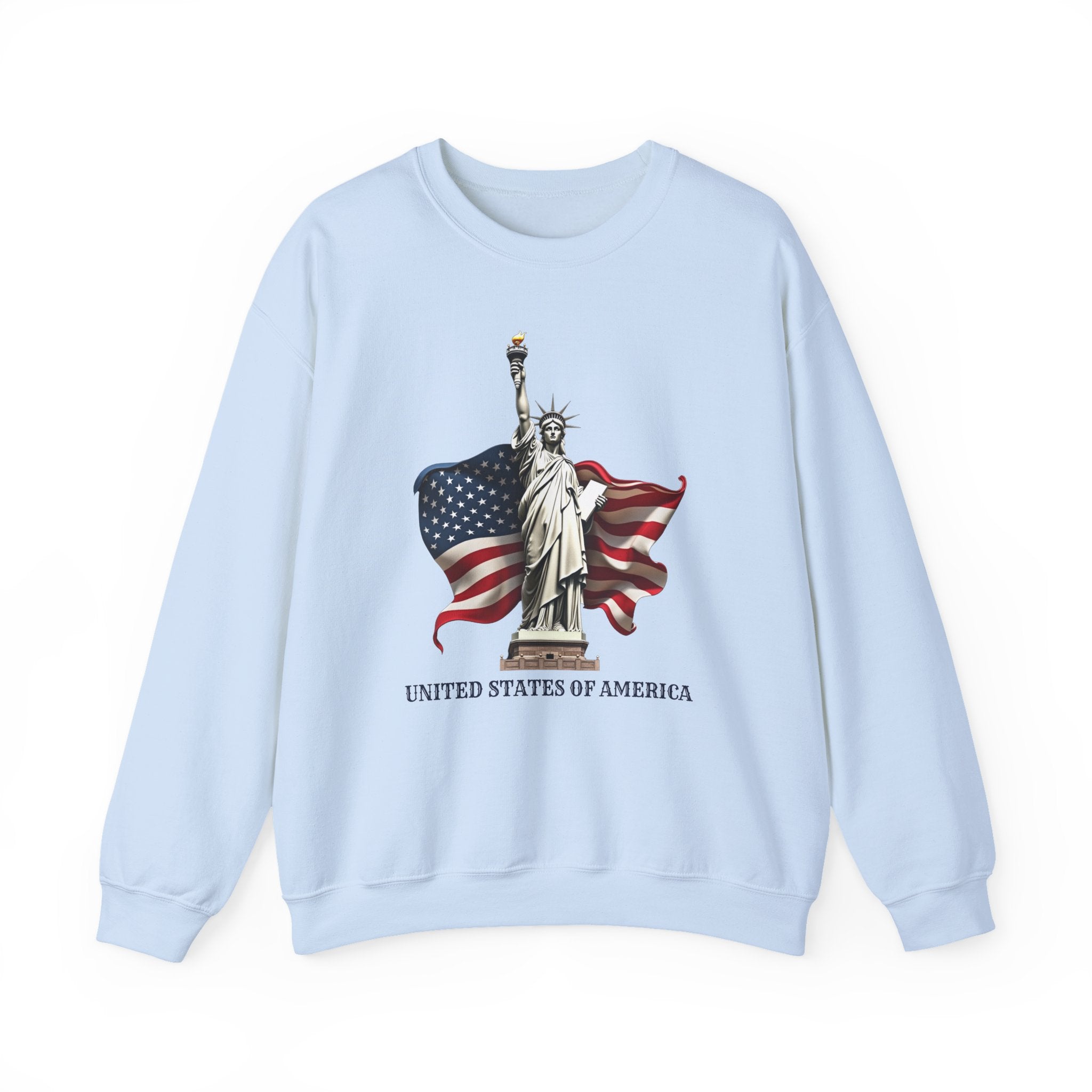 Light blue sweatshirt with Statue of Liberty and American flag design on a white background